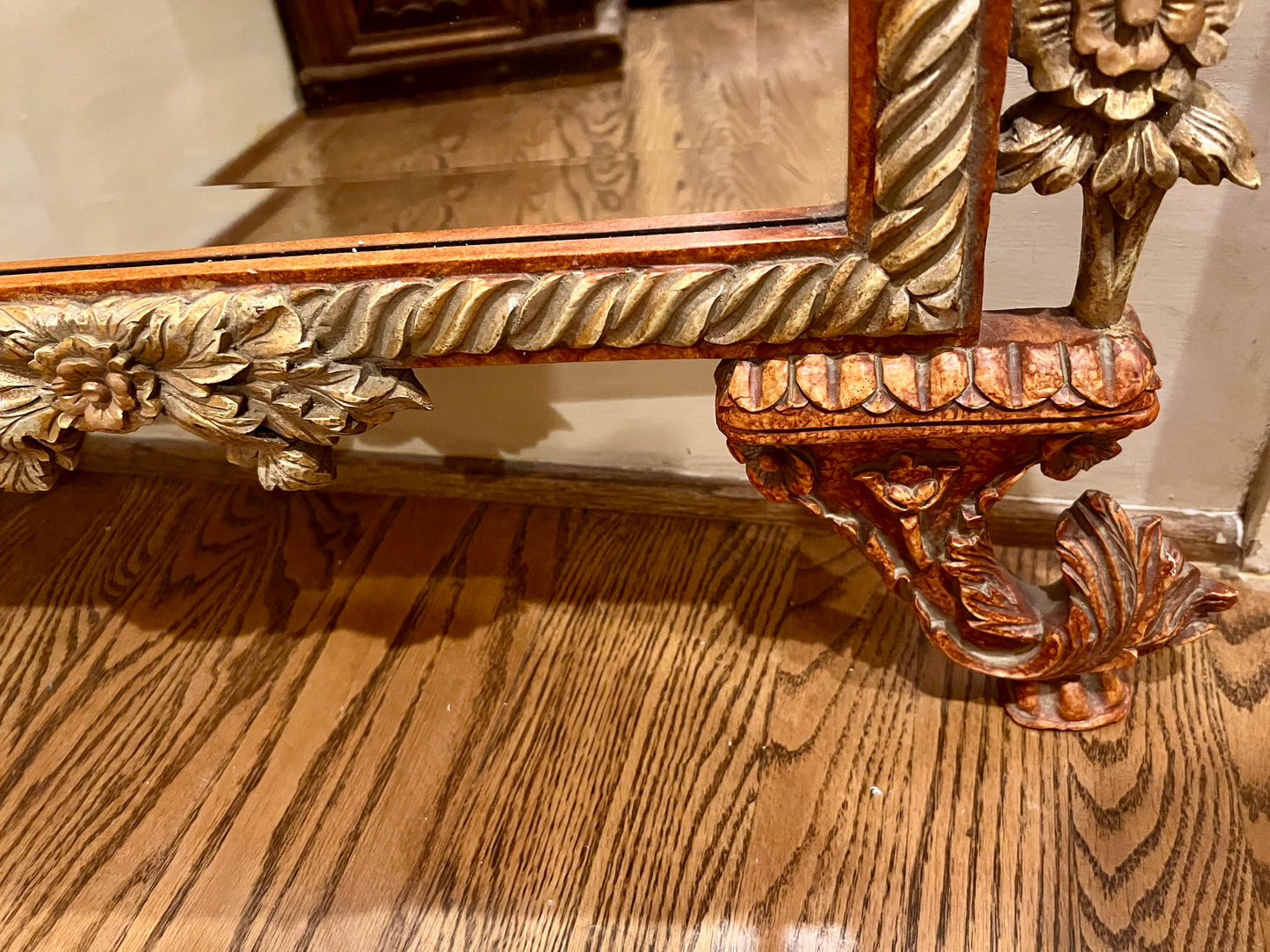 ANTIQUE ROCOCO STYLE REGENCY PAGODA RUST/GOLD CARVED WOOD TALL MIRROR
