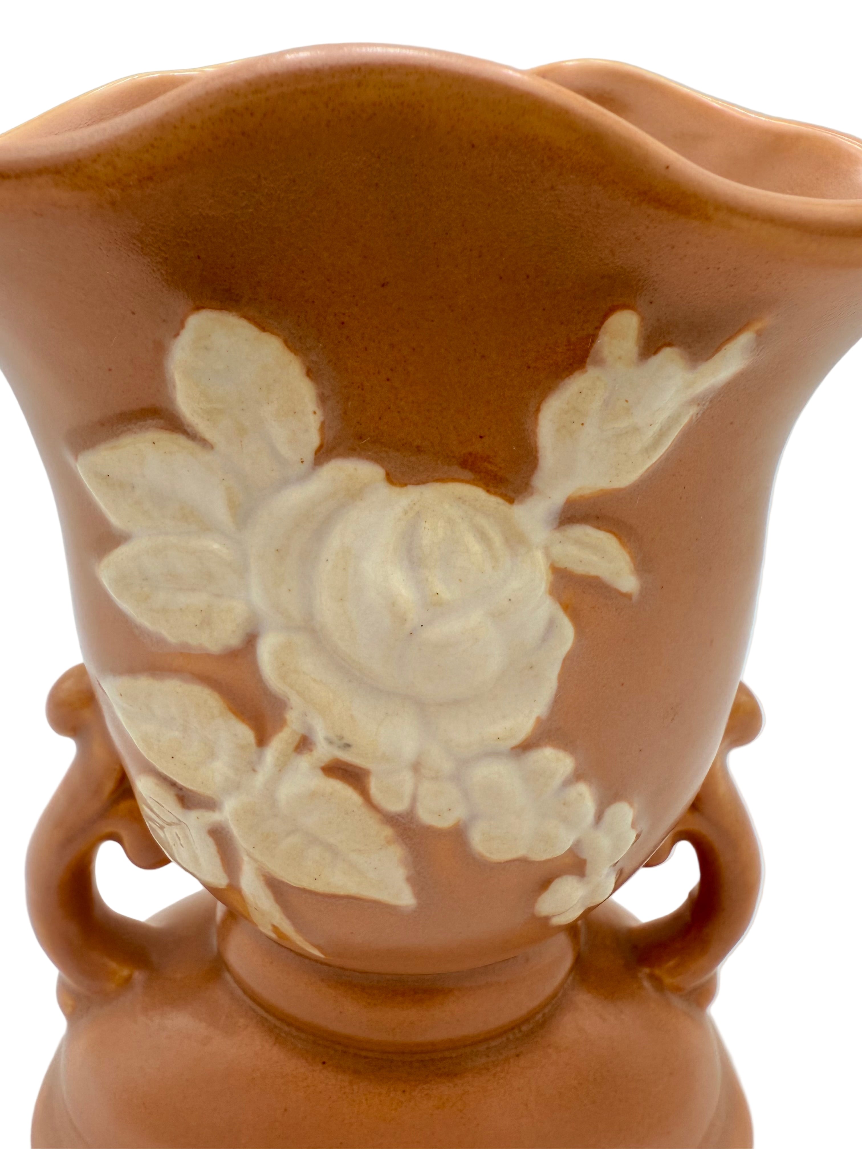 1920S WELLER POTTERY VASE WITH RAISED WHITE ROSE DESIGN