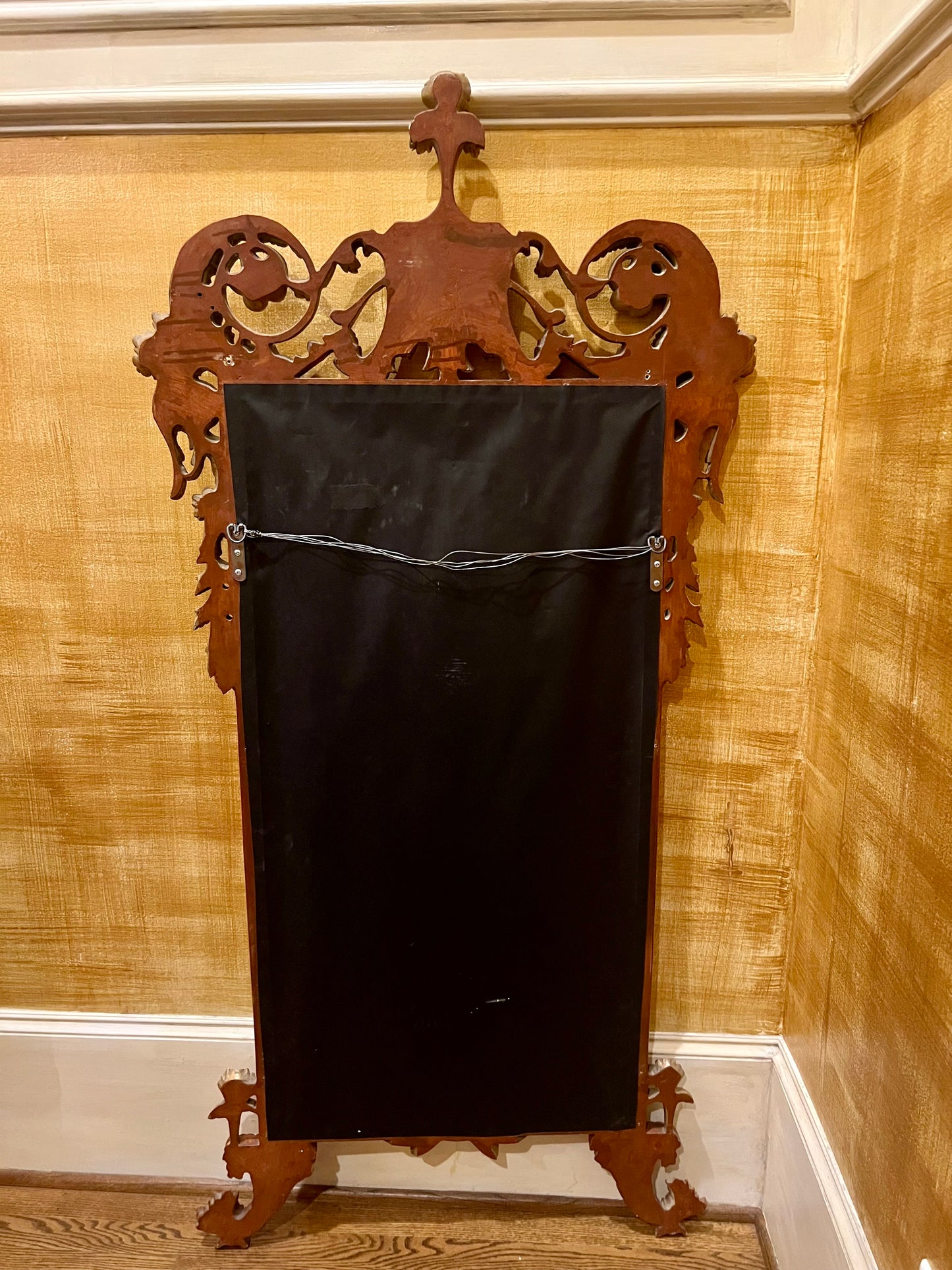 ANTIQUE ROCOCO STYLE REGENCY PAGODA RUST/GOLD CARVED WOOD TALL MIRROR