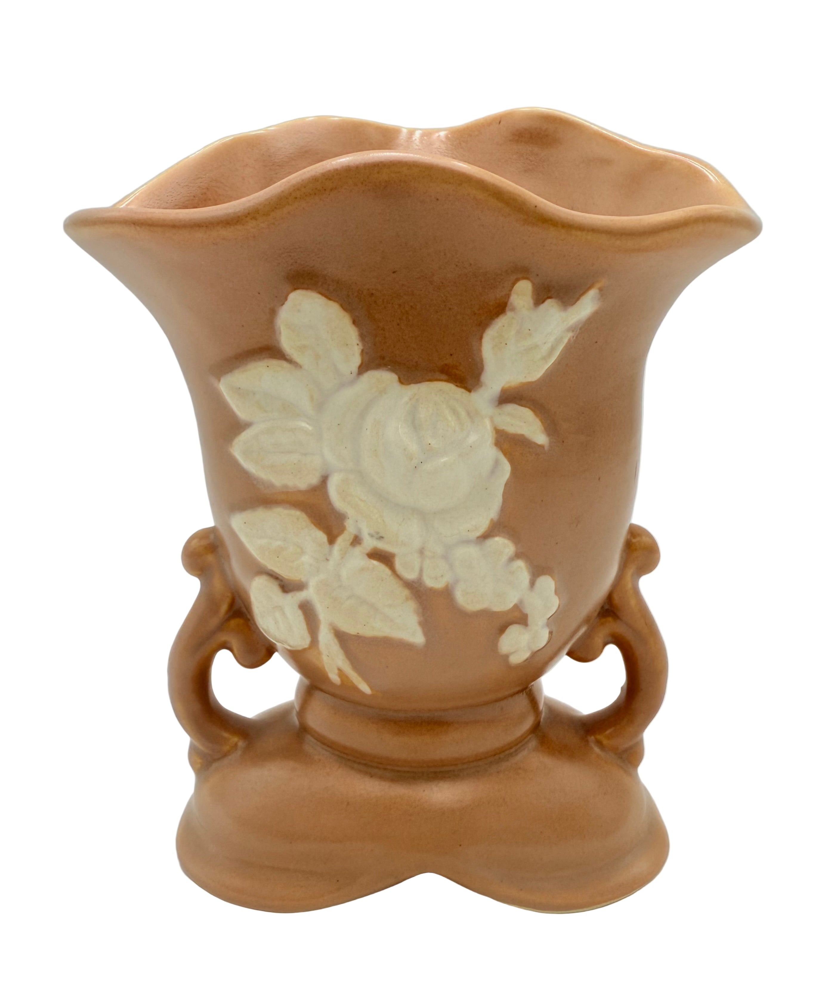 1920S WELLER POTTERY VASE WITH RAISED WHITE ROSE DESIGN