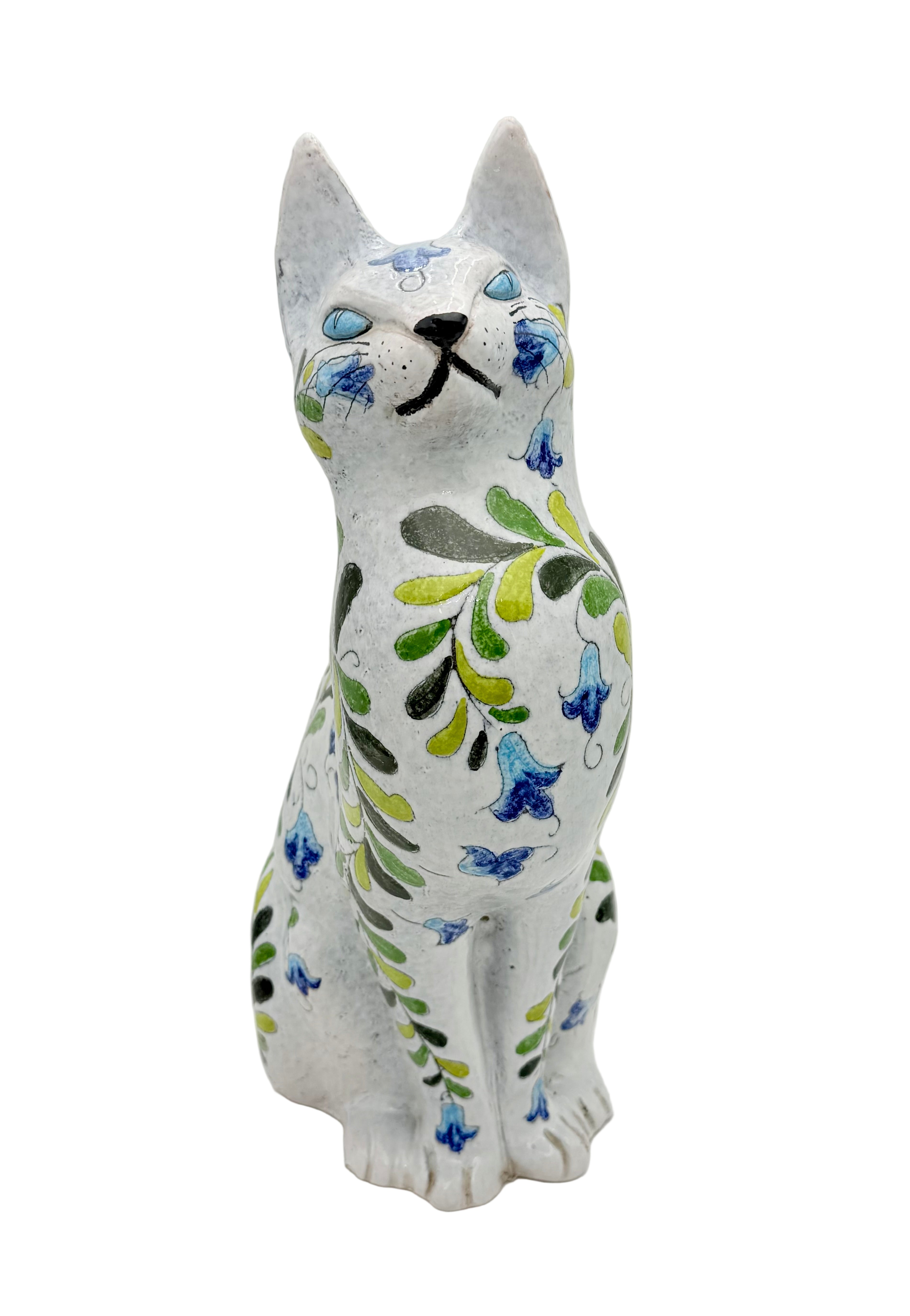 LARGE HAND PAINTED ITALIAN TERRA COTTA CAT SCULPTURE MADE IN ITALY 18"