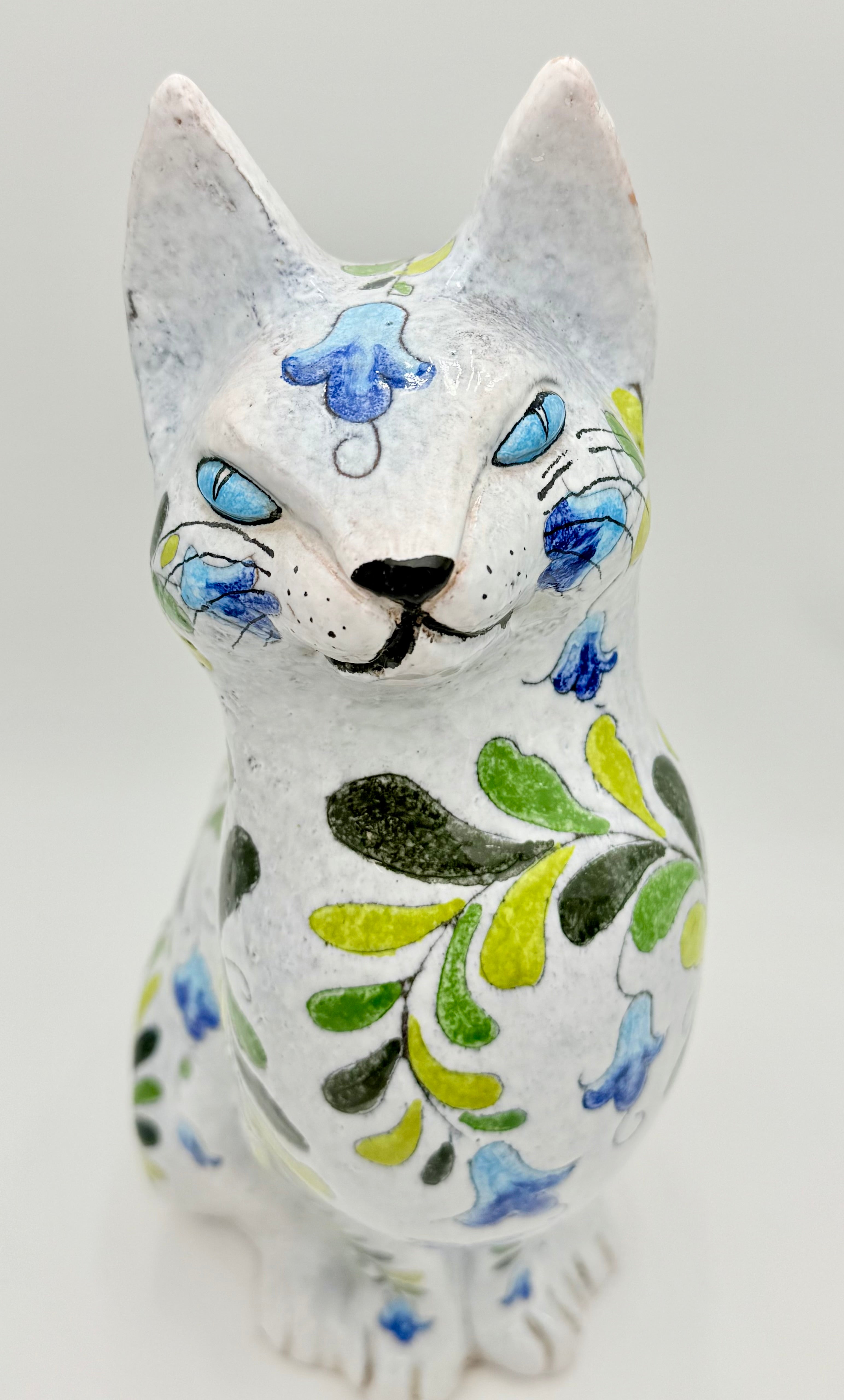 LARGE HAND PAINTED ITALIAN TERRA COTTA CAT SCULPTURE MADE IN ITALY 18"