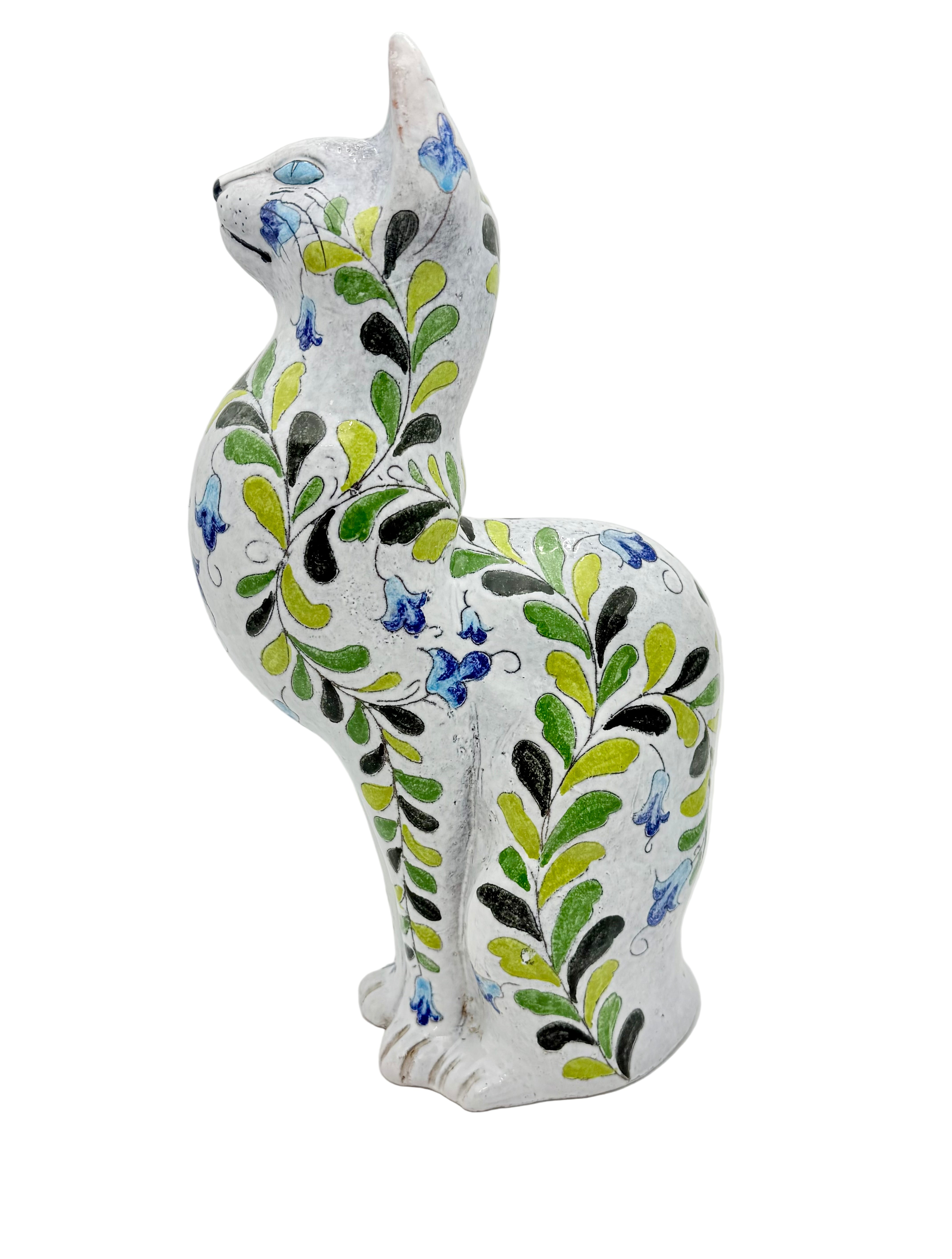 LARGE HAND PAINTED ITALIAN TERRA COTTA CAT SCULPTURE MADE IN ITALY 18"