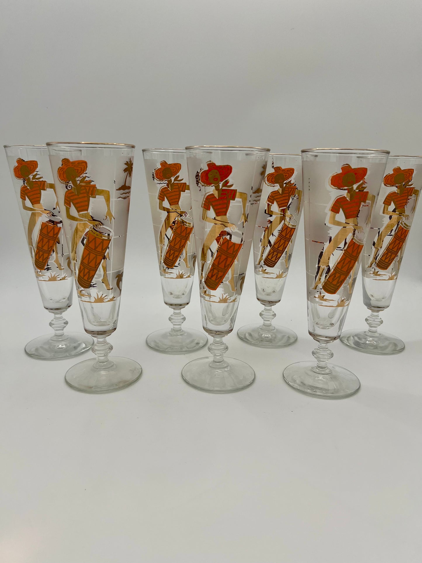 SET OF 7 1950s LIBBEY CARIBBEAN CALYPSO BEER GLASSES