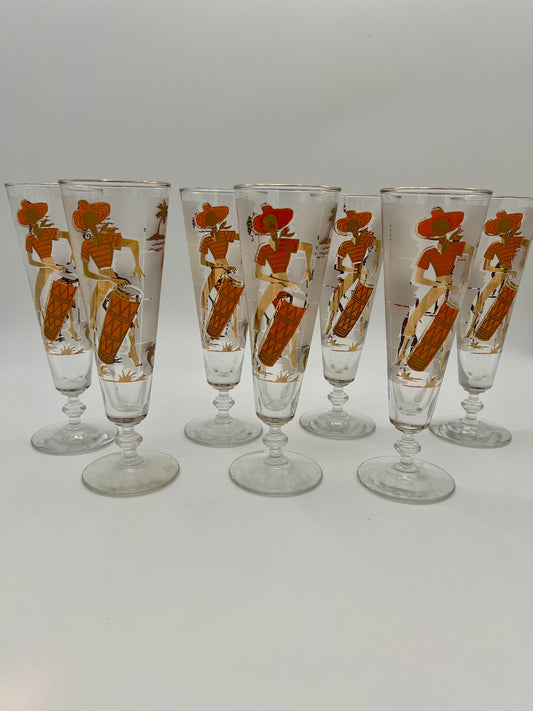 SET OF 7 1950s LIBBEY CARIBBEAN CALYPSO BEER GLASSES