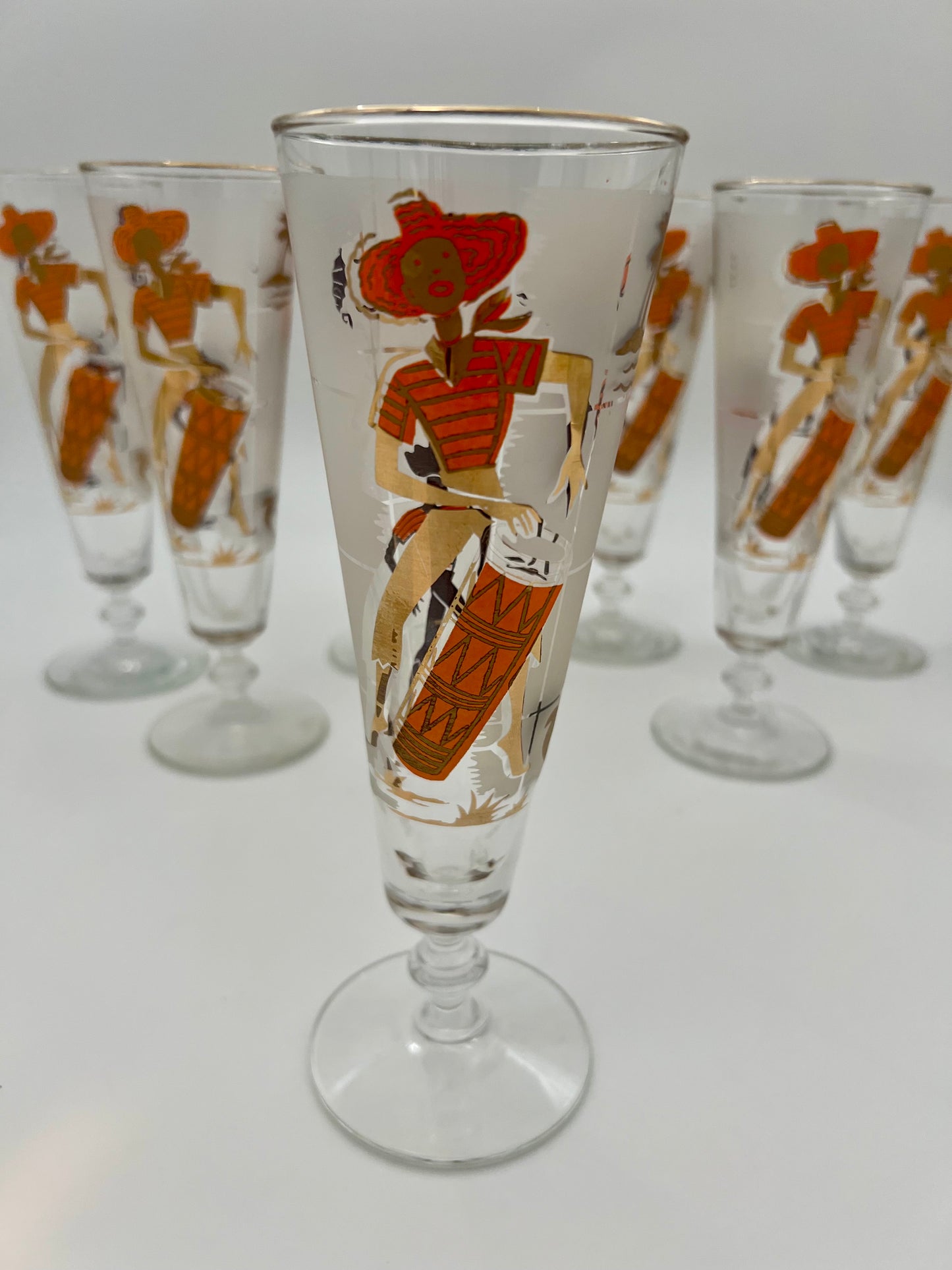 SET OF 7 1950s LIBBEY CARIBBEAN CALYPSO BEER GLASSES
