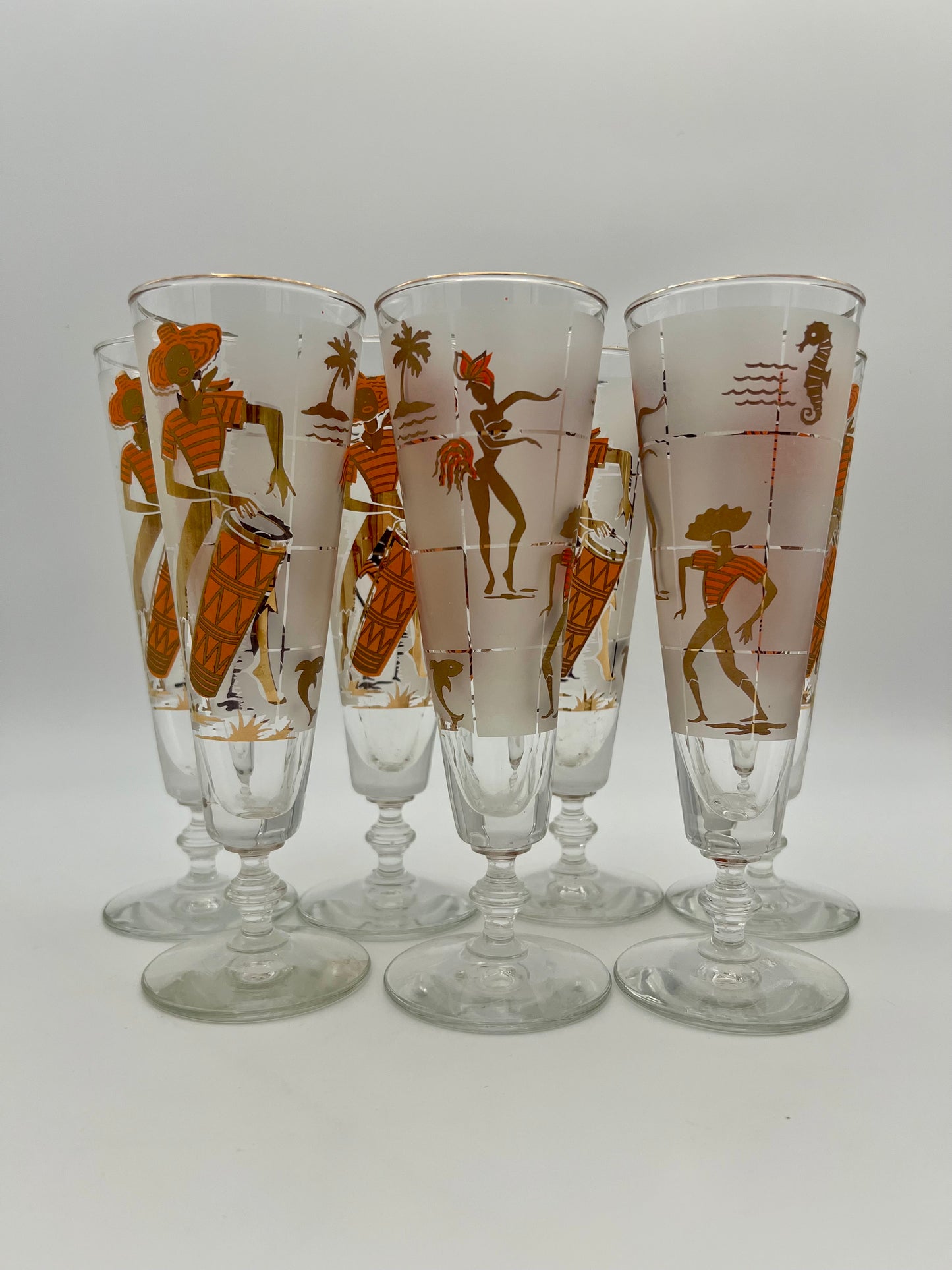 SET OF 7 1950s LIBBEY CARIBBEAN CALYPSO BEER GLASSES