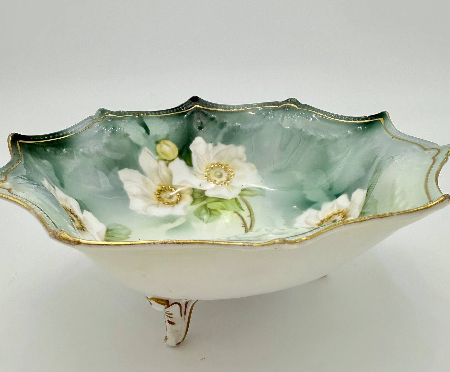 RARE ANTIQUE FOOTED BOWL BY R&S RUSSIA GREEN, WHITE AND GOLD