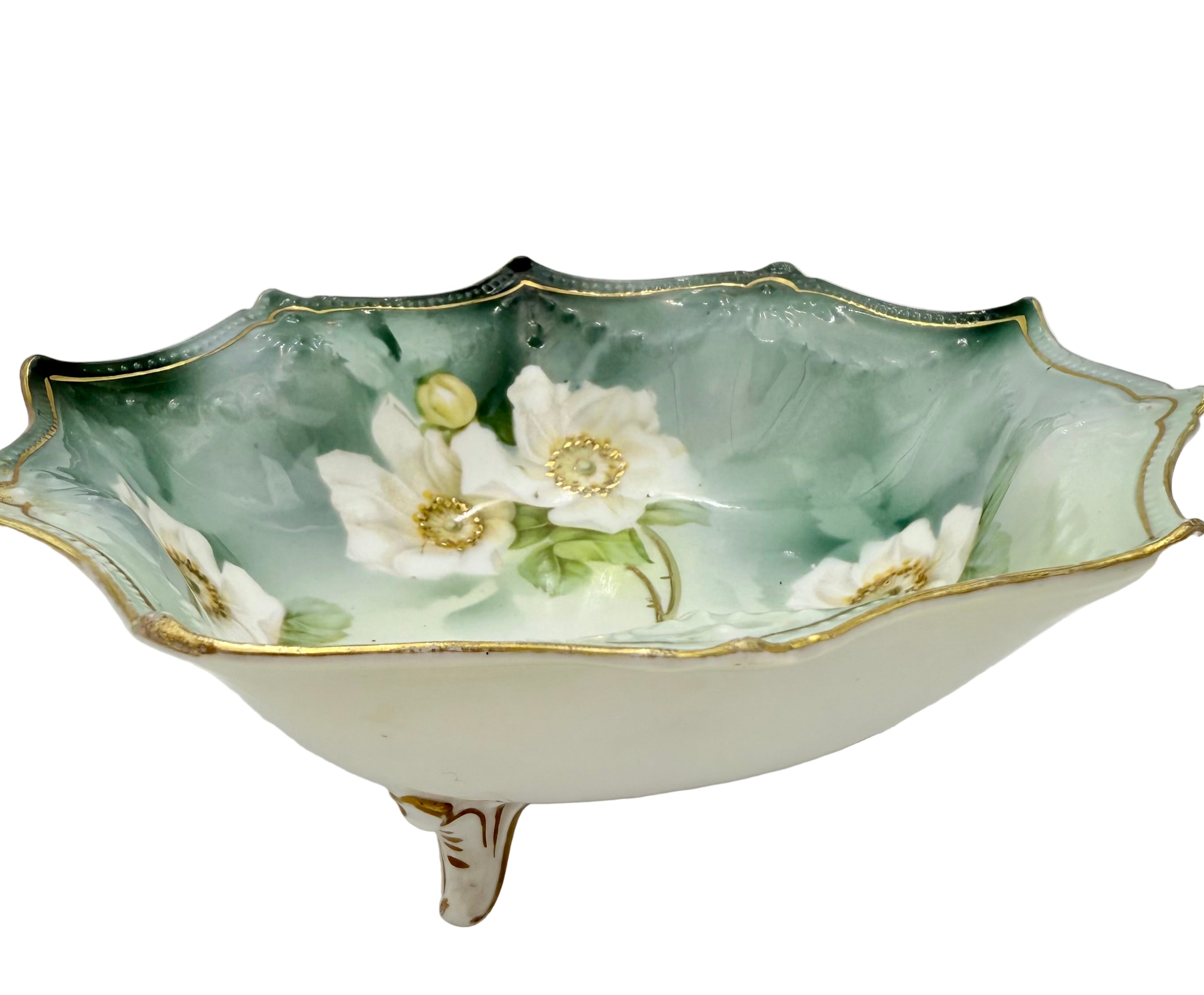 ANTIQUE R.S. GERMANY HAND PAINTED FOOTED BOWL – FLORAL WREATH DESIGN, GOLD TRIM, CIRCA 1905