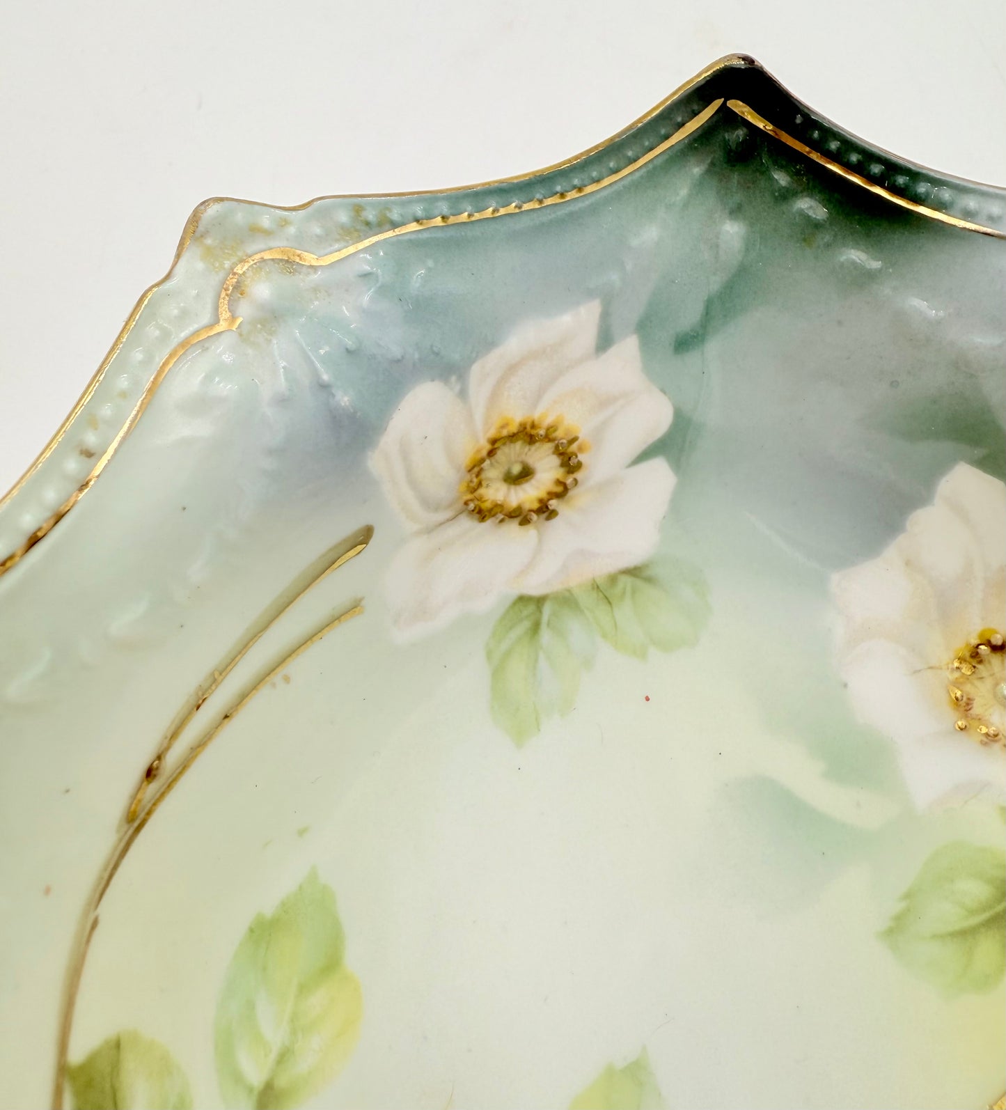 RARE ANTIQUE FOOTED BOWL BY R&S RUSSIA GREEN, WHITE AND GOLD
