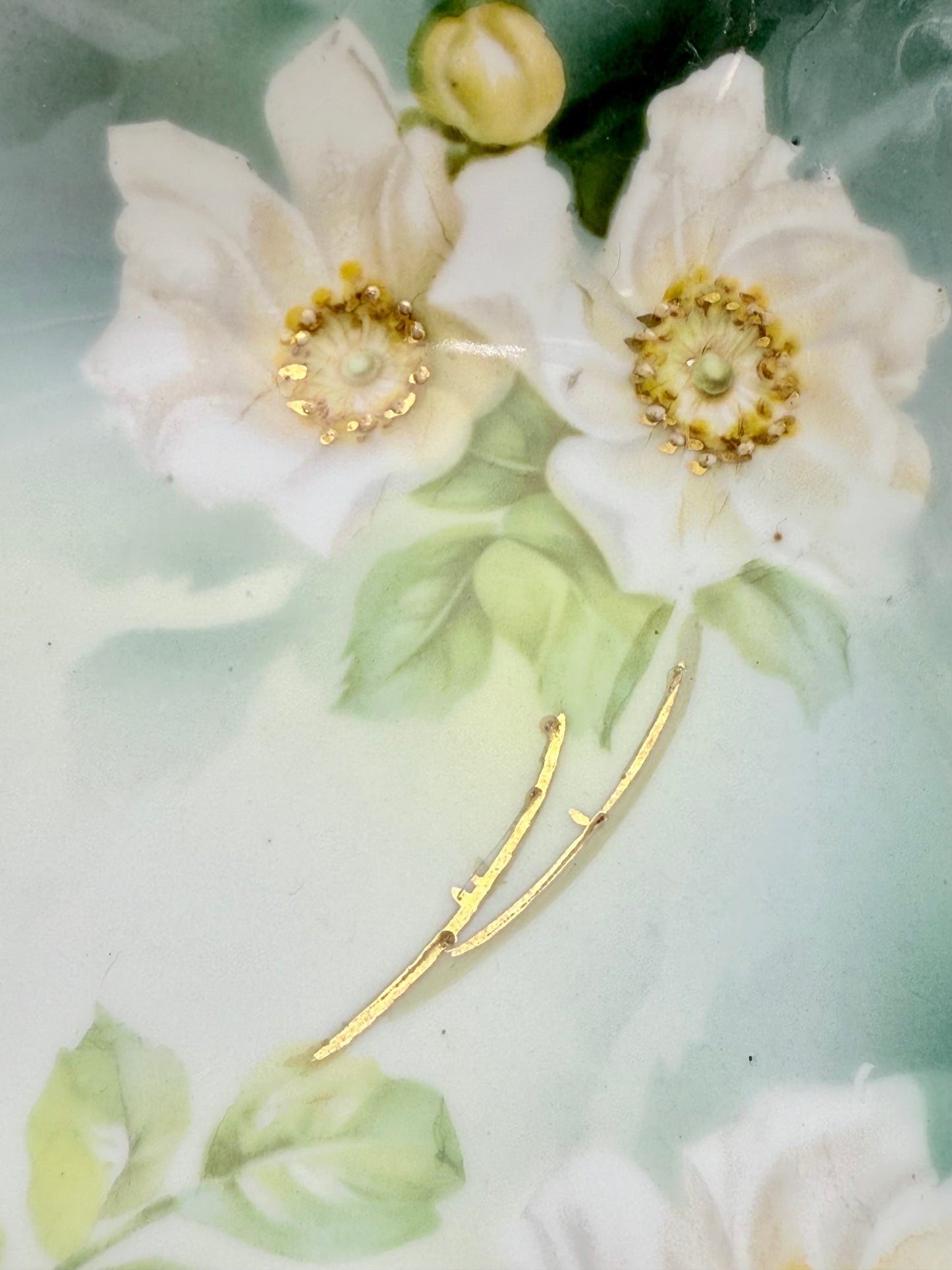 RARE ANTIQUE FOOTED BOWL BY R&S RUSSIA GREEN, WHITE AND GOLD