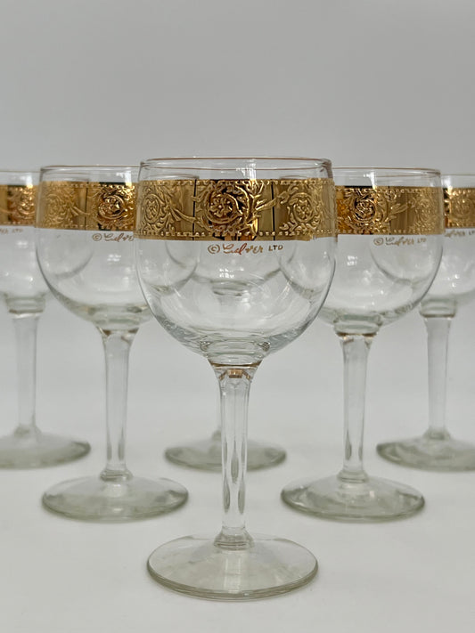 1960s CULVER 22K GOLD SET OF 6 TYROL WINE GLASSES