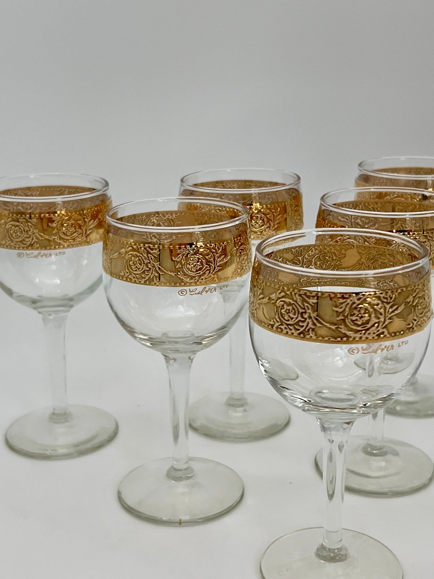 1960s CULVER 22K GOLD SET OF 6 TYROL WINE GLASSES