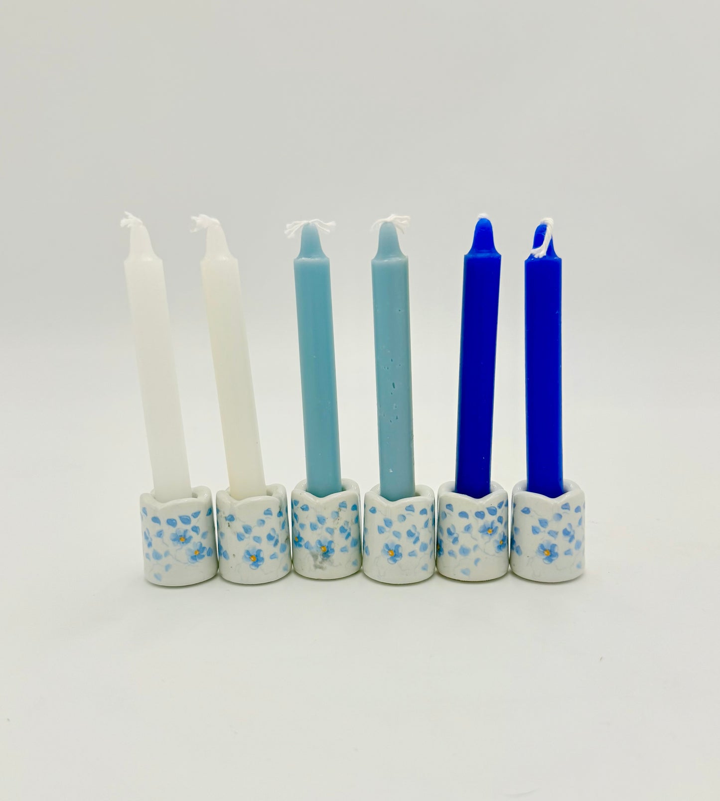6 VINTAGE WEST GERMAN BLUE AND WHITE FLORAL MINI CANDLEHOLDERS