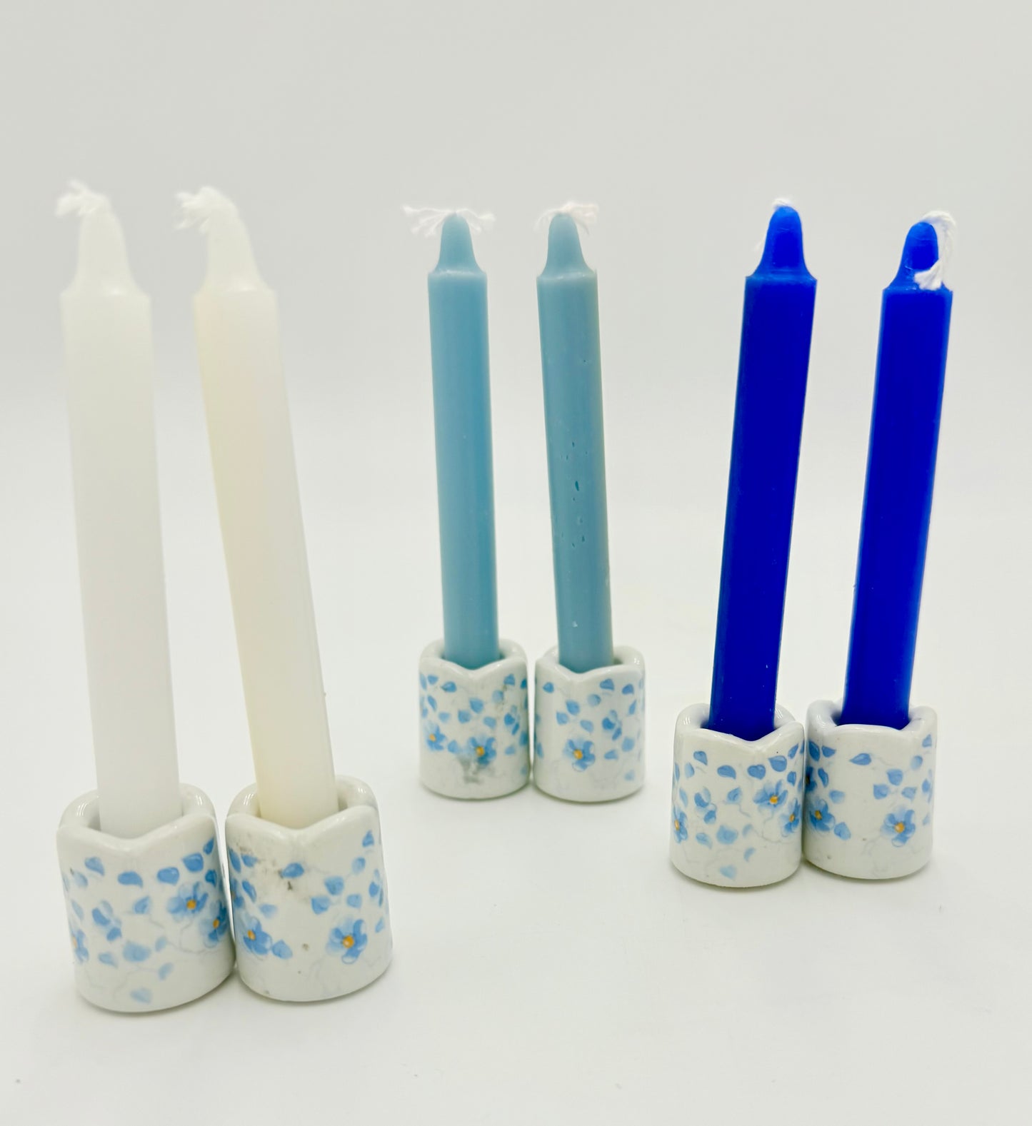 6 VINTAGE WEST GERMAN BLUE AND WHITE FLORAL MINI CANDLEHOLDERS