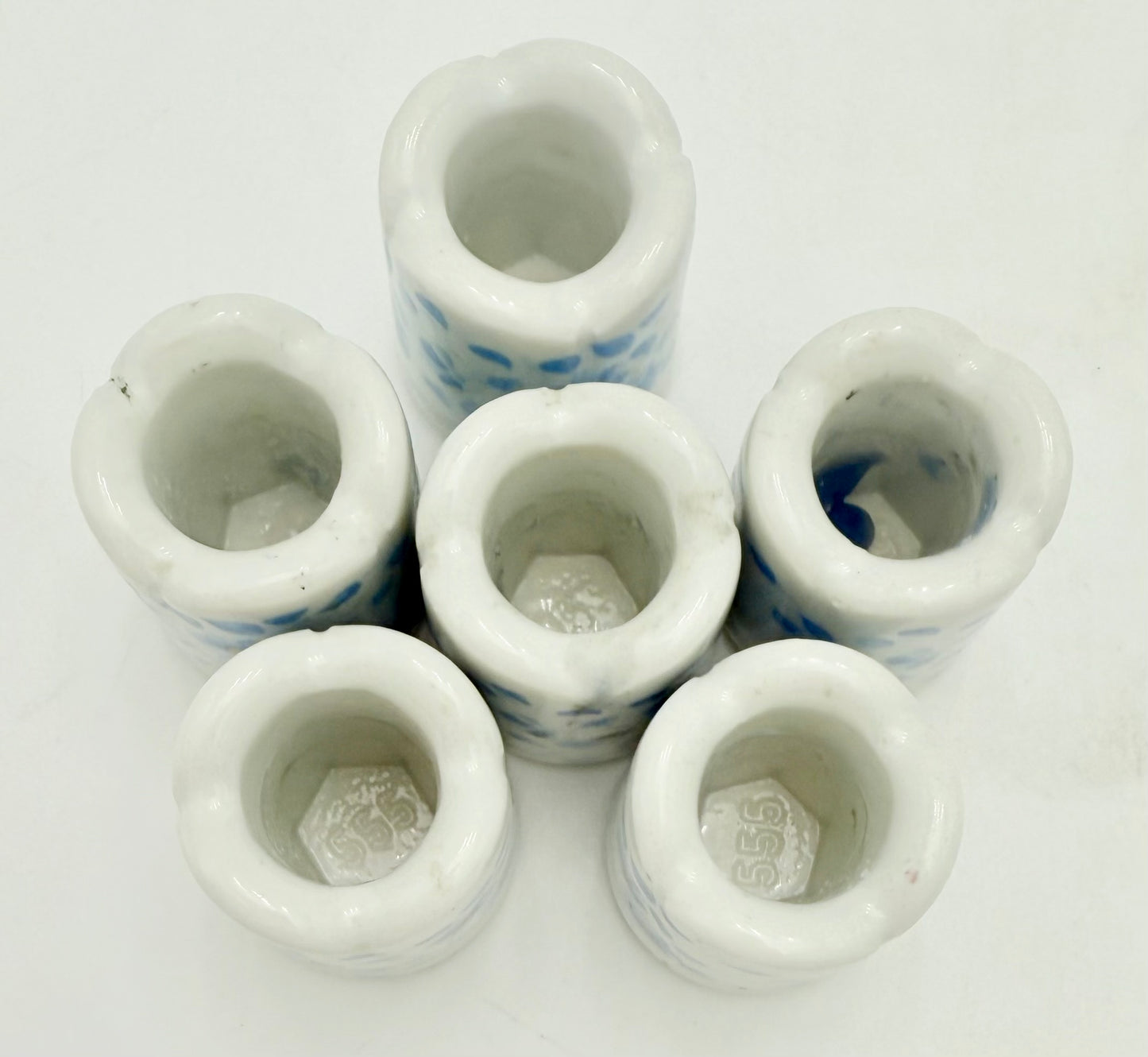6 VINTAGE WEST GERMAN BLUE AND WHITE FLORAL MINI CANDLEHOLDERS