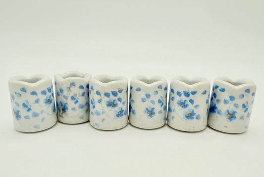 6 VINTAGE WEST GERMAN BLUE AND WHITE FLORAL MINI CANDLEHOLDERS