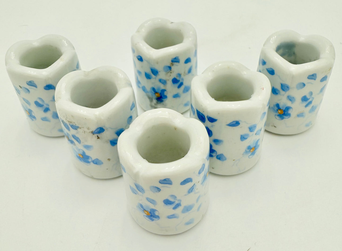 6 VINTAGE WEST GERMAN BLUE AND WHITE FLORAL MINI CANDLEHOLDERS