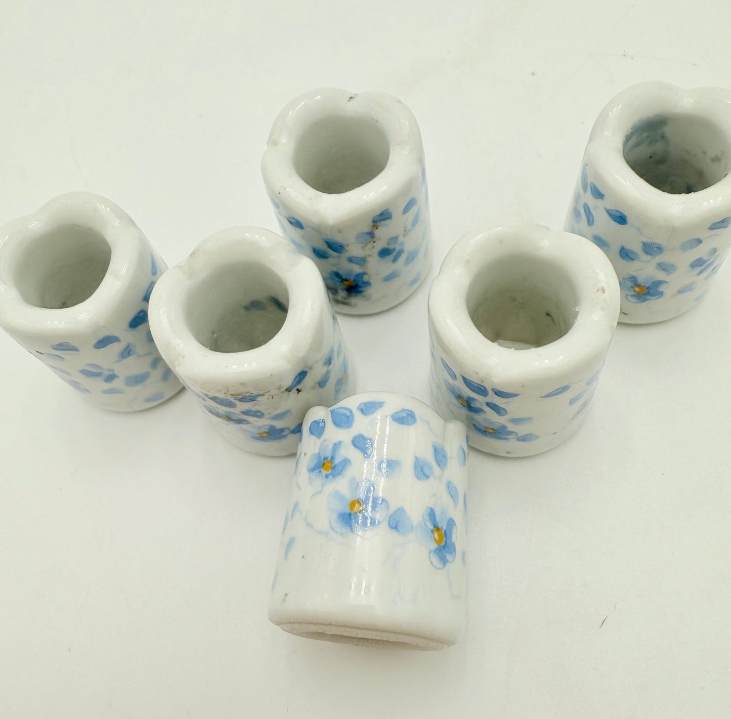 6 VINTAGE WEST GERMAN BLUE AND WHITE FLORAL MINI CANDLEHOLDERS