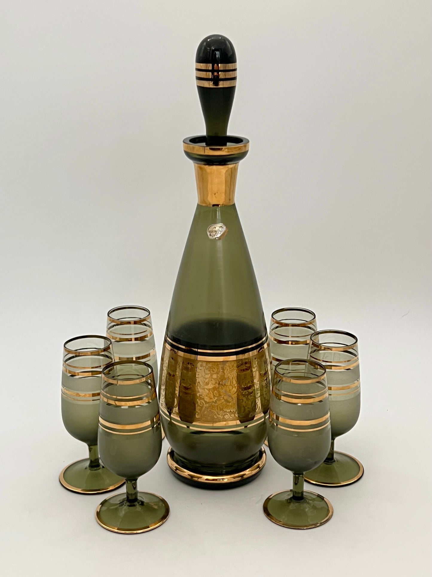 1950s CZECH ASH GREEN AND GOLD ORIGINAL TAG BOHEMIAN WINE DECANTER SET