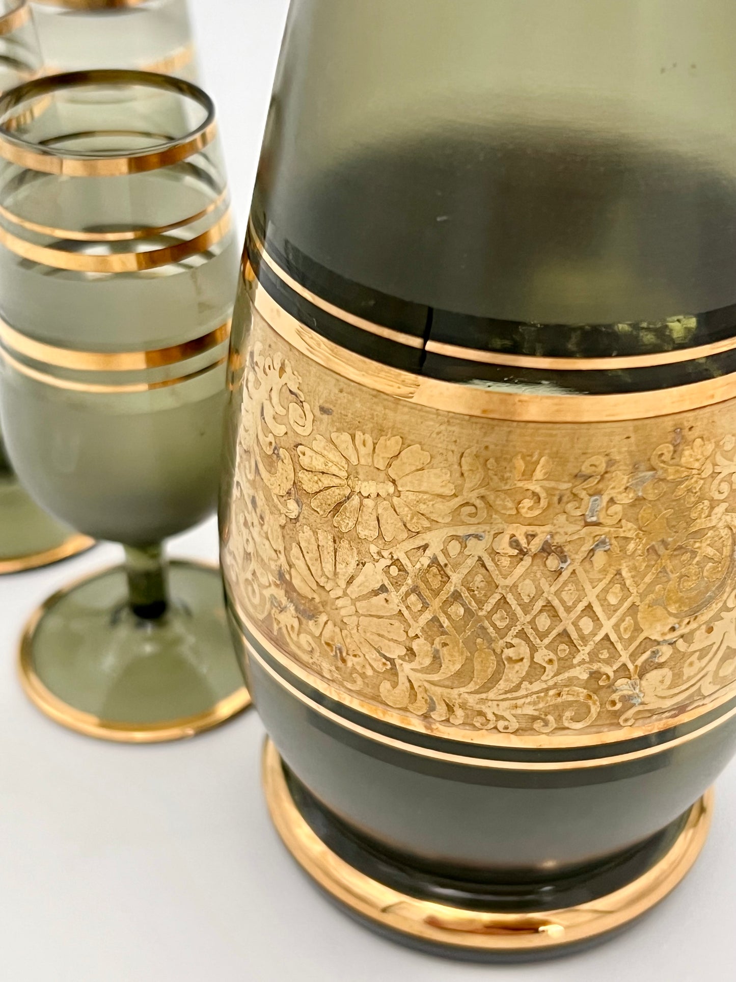 1950s CZECH ASH GREEN AND GOLD ORIGINAL TAG BOHEMIAN WINE DECANTER SET