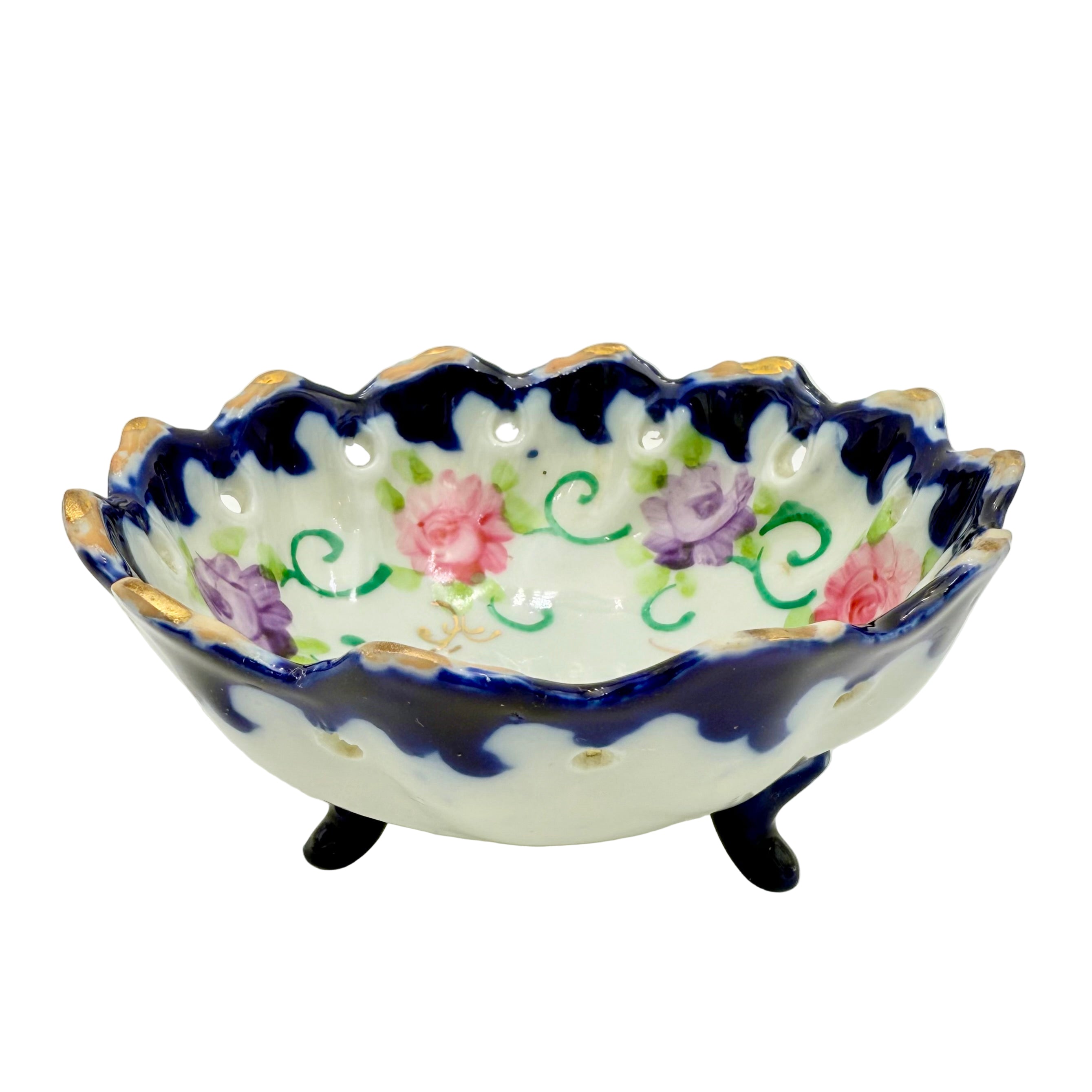 HAND-PAINTED RETICULATED COBALT FOOTED BOWL – MADE IN JAPAN (c.1920s)