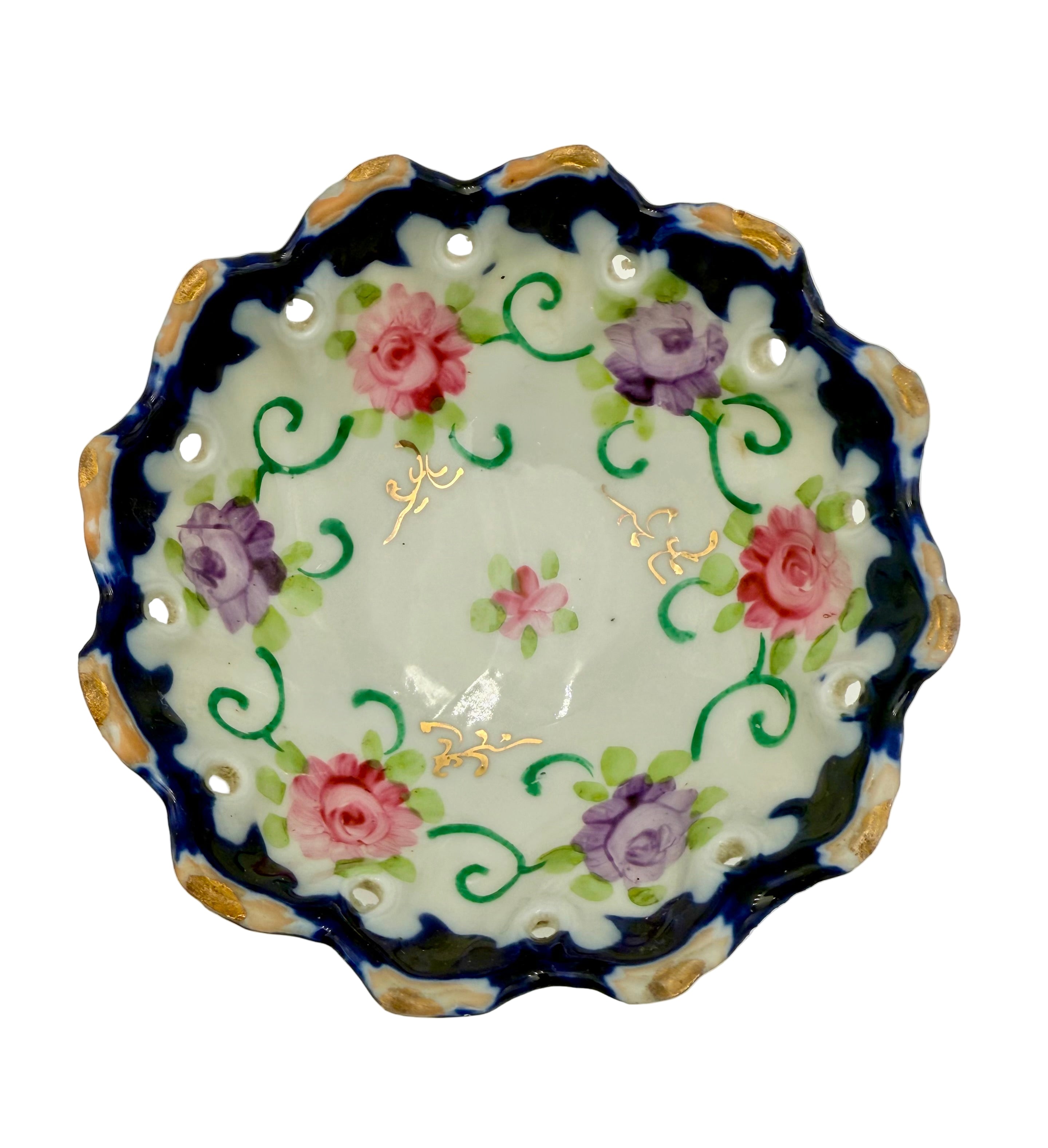 HAND-PAINTED RETICULATED COBALT FOOTED BOWL – MADE IN JAPAN (c.1920s)