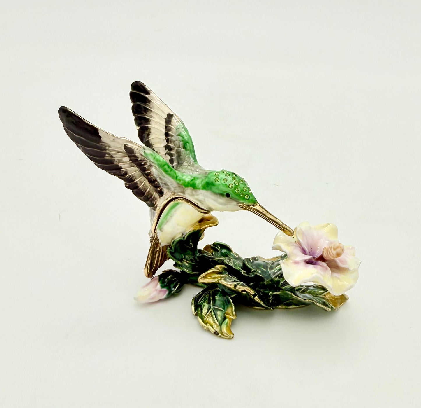 VINTAGE GREEN HUMMINGBIRD WITH CRYSTALS JEWELRY/TRINKET BOX