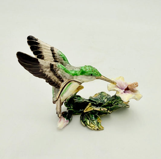 VINTAGE GREEN HUMMINGBIRD WITH CRYSTALS JEWELRY/TRINKET BOX