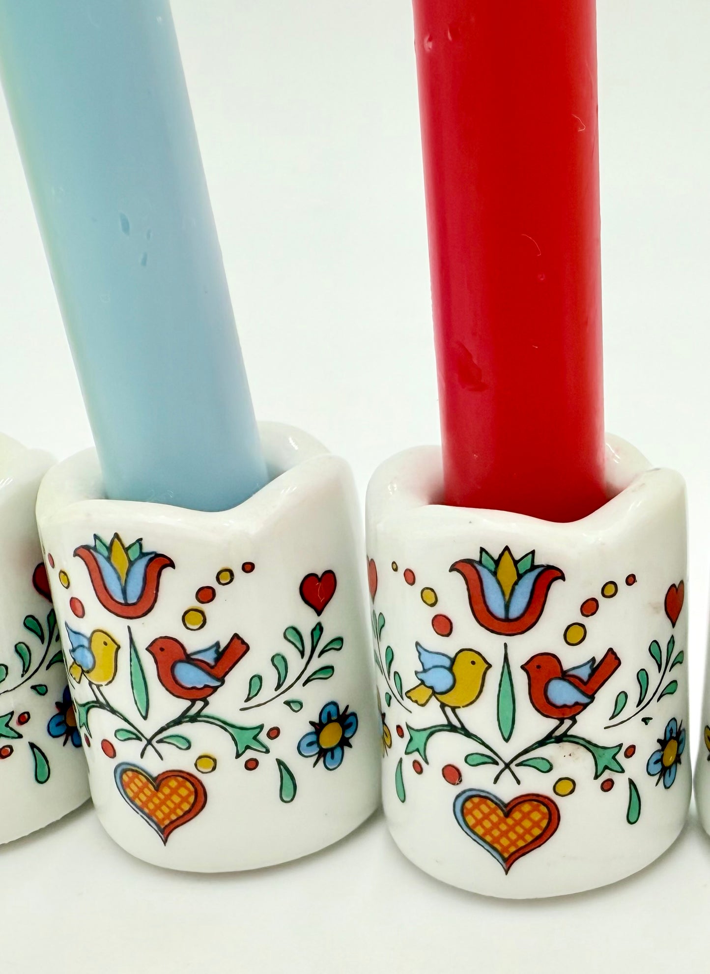 SET OF 6 VINTAGE BAVARIAN PORCELAIN BIRD AND HEART MINI CANDLESTICK HOLDERS, 1980S