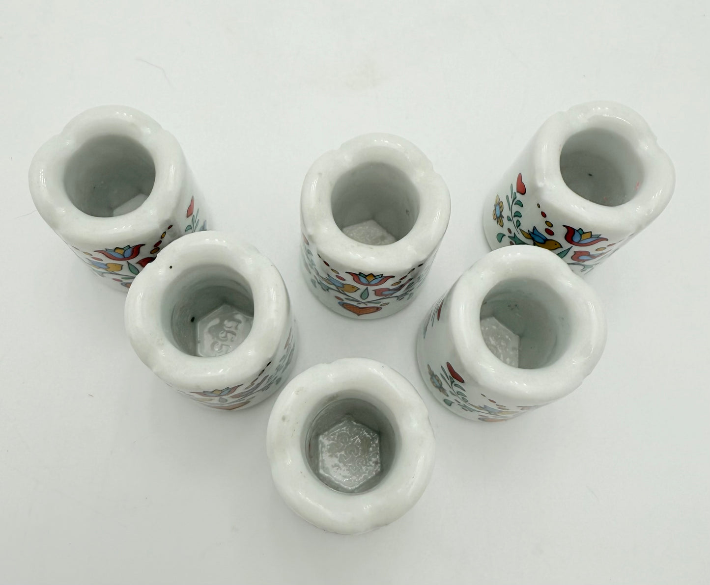 SET OF 6 VINTAGE BAVARIAN PORCELAIN BIRD AND HEART MINI CANDLESTICK HOLDERS, 1980S