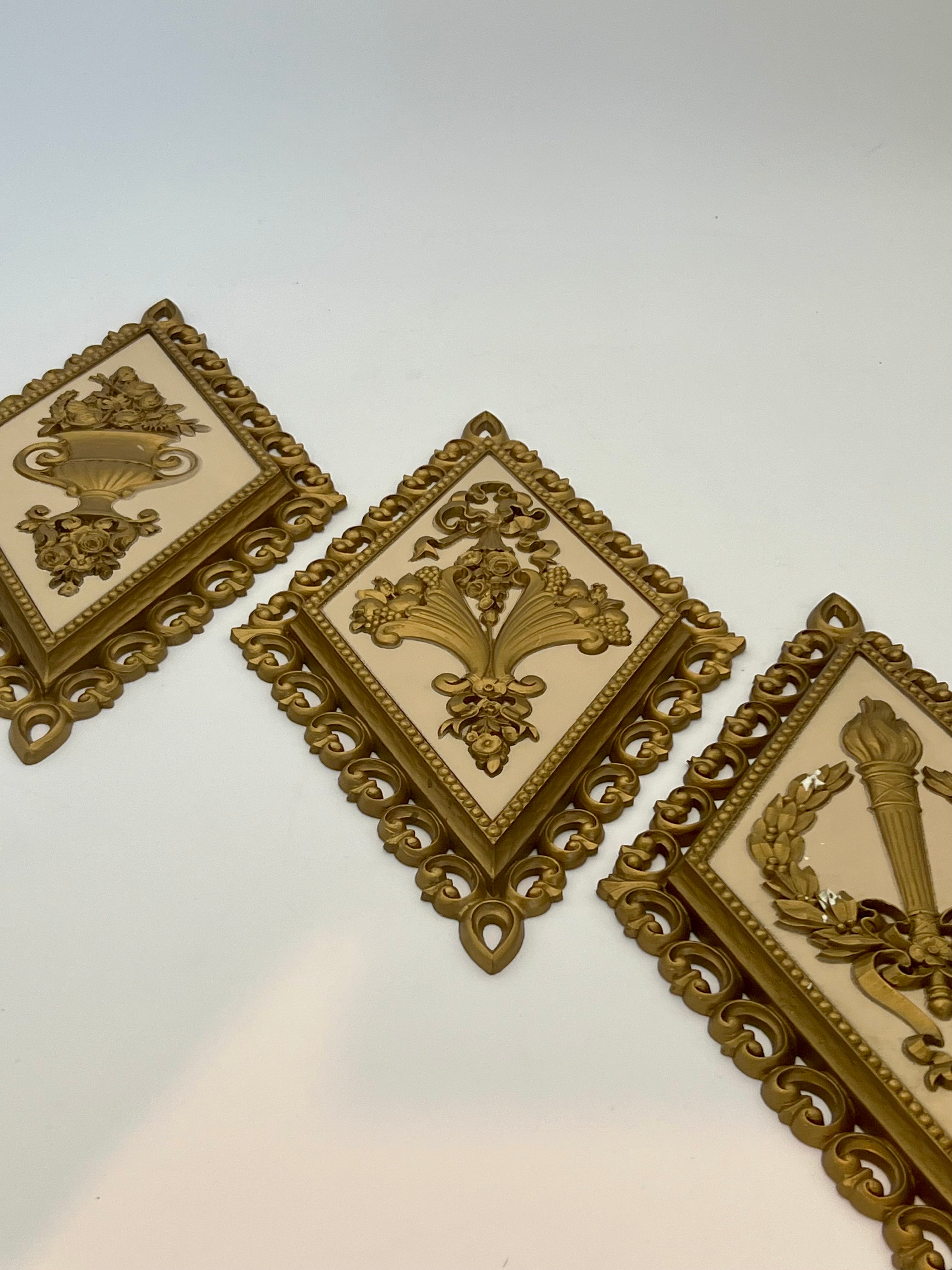 VINTAGE 1971 HOMCO GOLD DIAMOND WALL PLAQUES – SET OF THREE