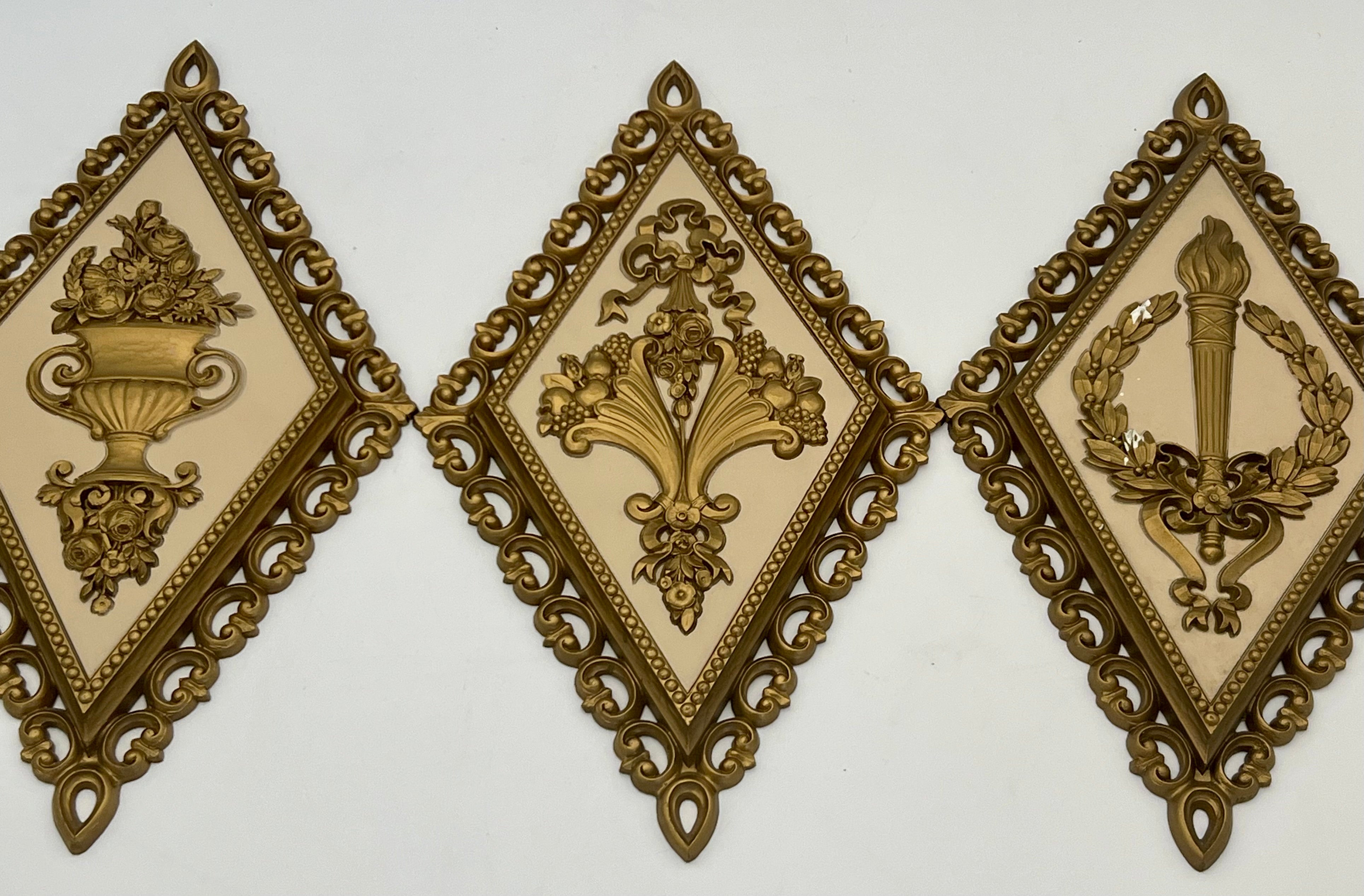VINTAGE 1971 HOMCO GOLD DIAMOND WALL PLAQUES – SET OF THREE