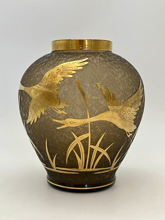 FUGE & TAUBE ETCHED GLASS VASE WITH GILDED CRANE DESIGN, CIRCA 1960s