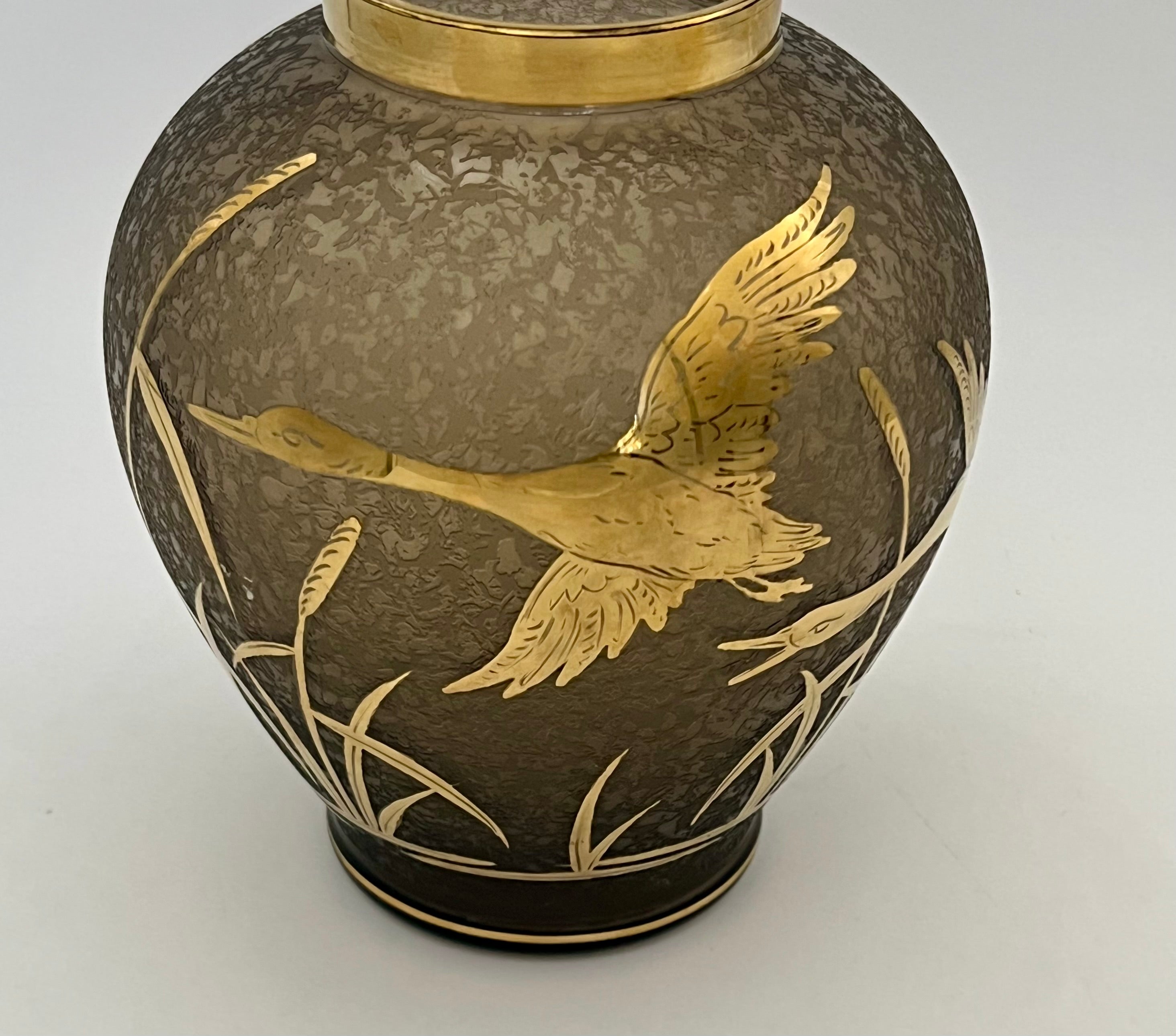 Vintage Cofrac France Art Verrier Vase – Frosted Glass with 24k Gold Cranes, 1970s French Art Deco Revival Home Decor