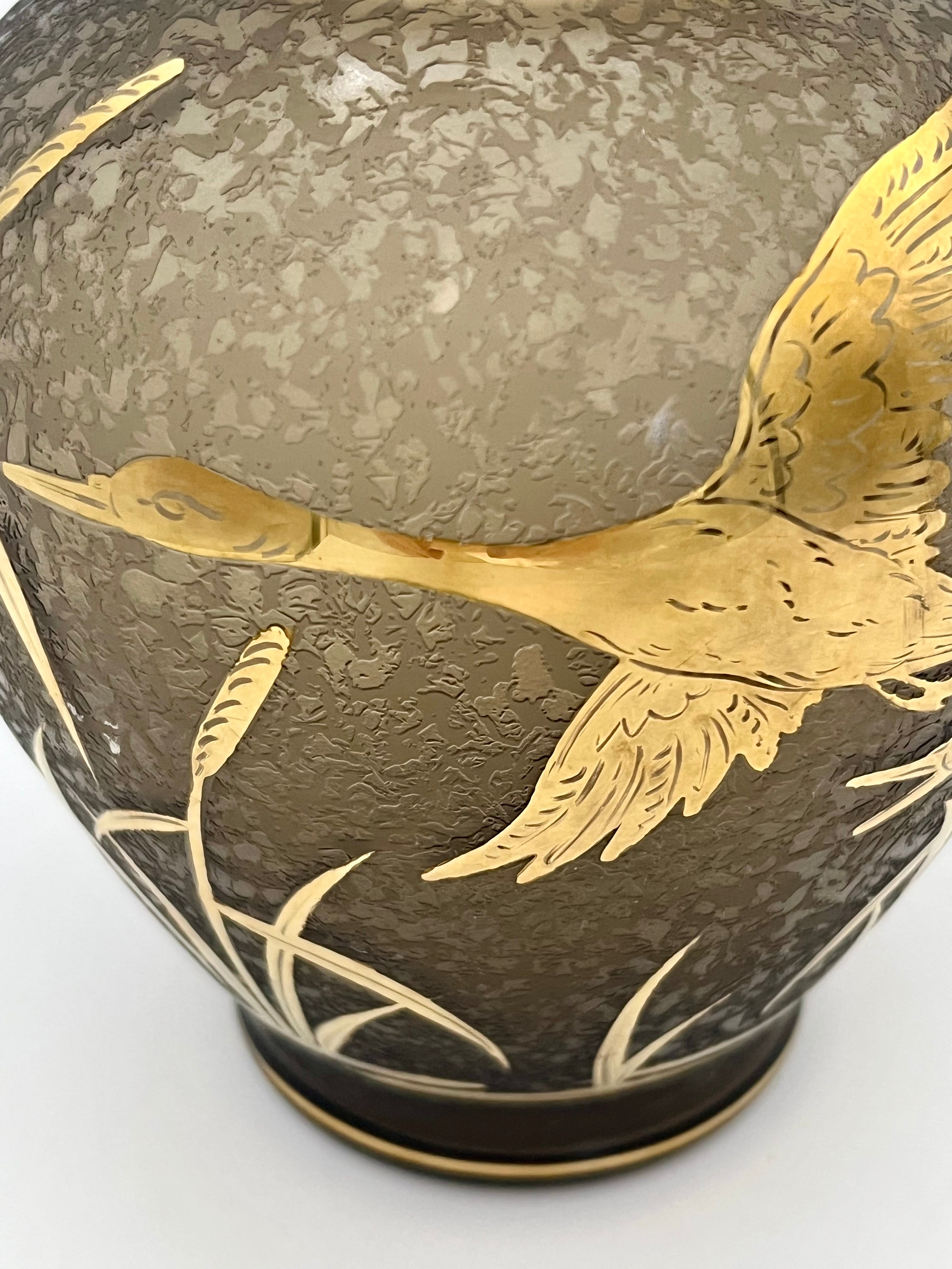 Vintage Cofrac France Art Verrier Vase – Frosted Glass with 24k Gold Cranes, 1970s French Art Deco Revival Home Decor