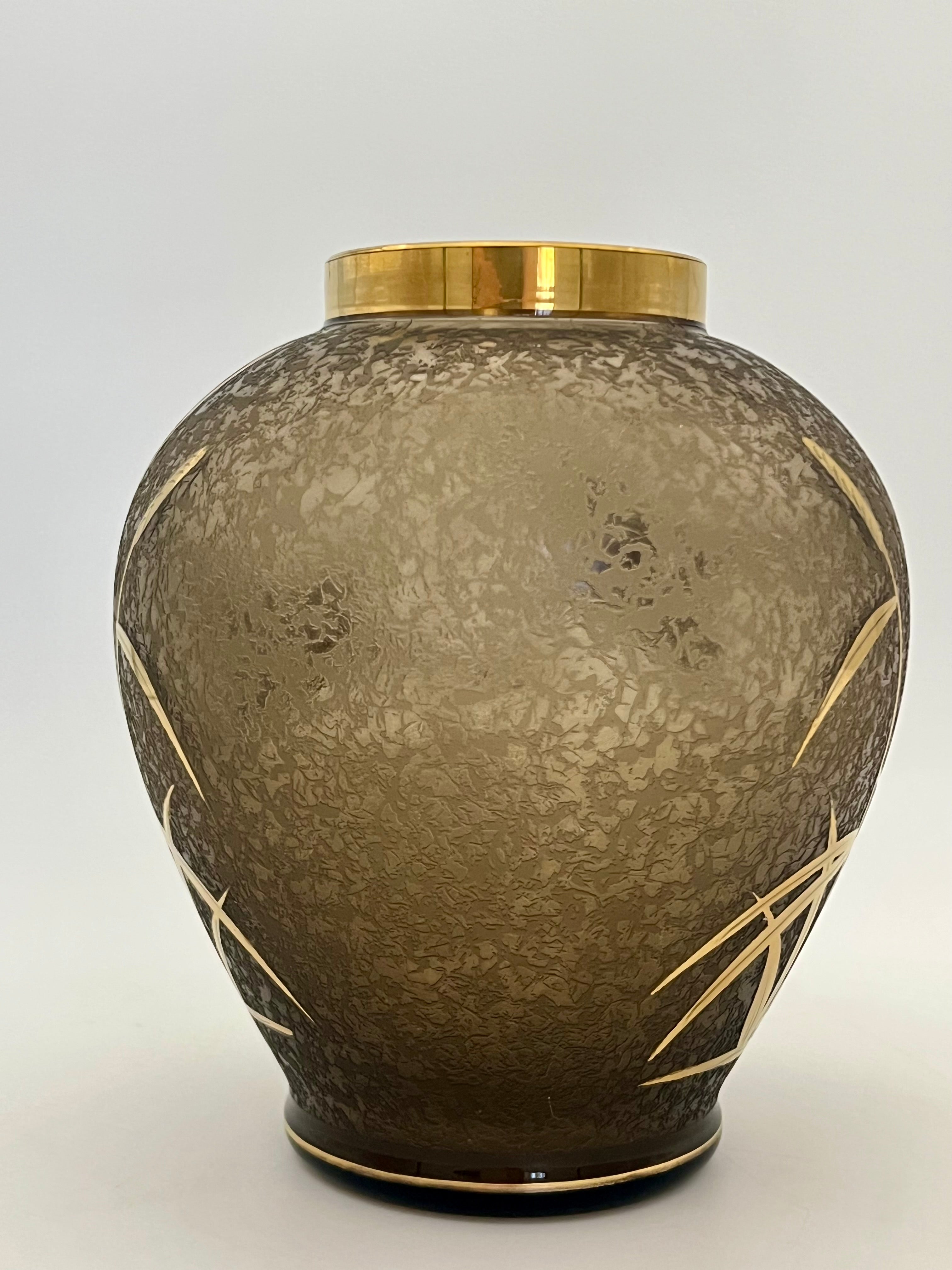Vintage Cofrac France Art Verrier Vase – Frosted Glass with 24k Gold Cranes, 1970s French Art Deco Revival Home Decor