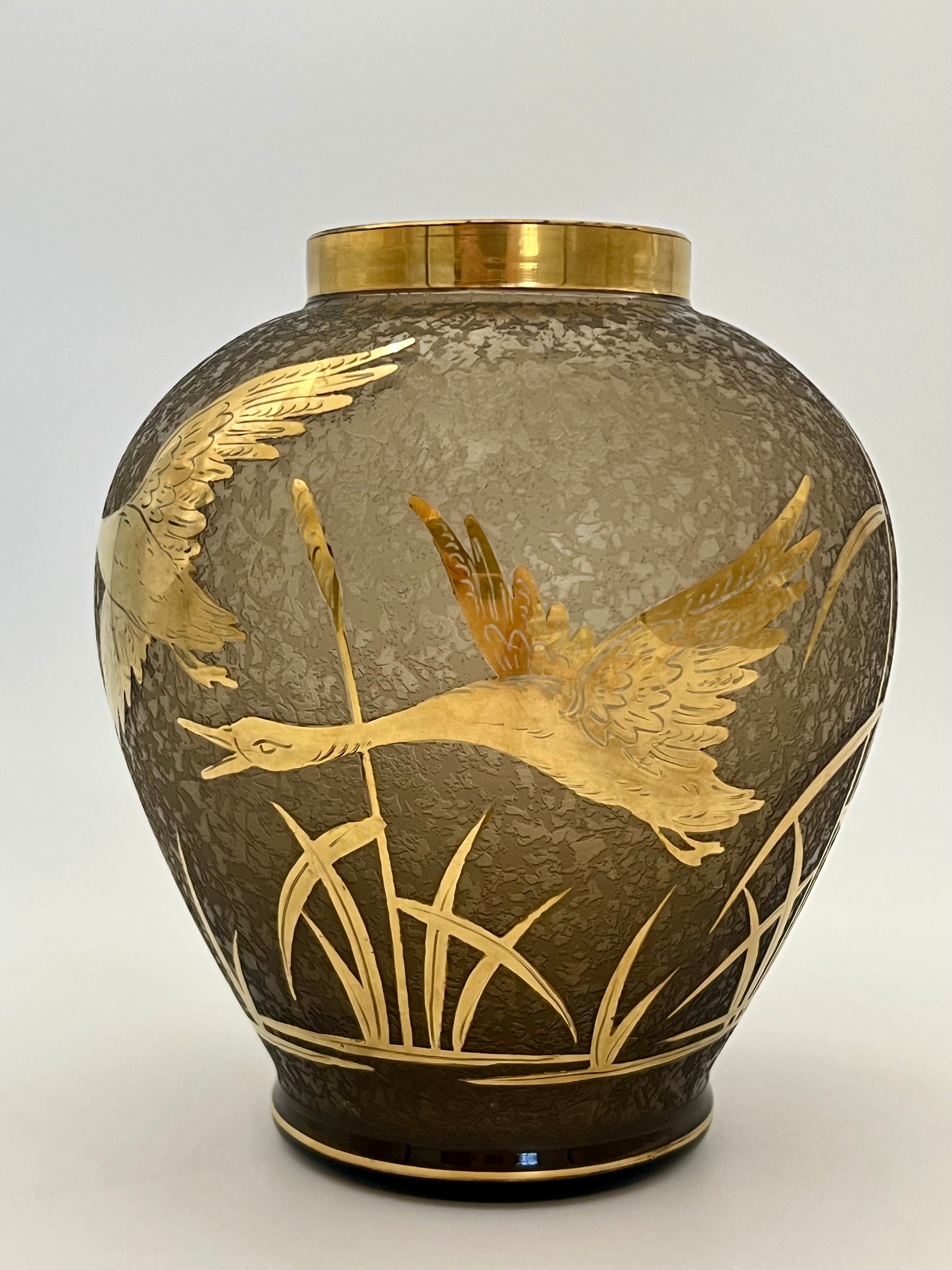 Vintage Cofrac France Art Verrier Vase – Frosted Glass with 24k Gold Cranes, 1970s French Art Deco Revival Home Decor