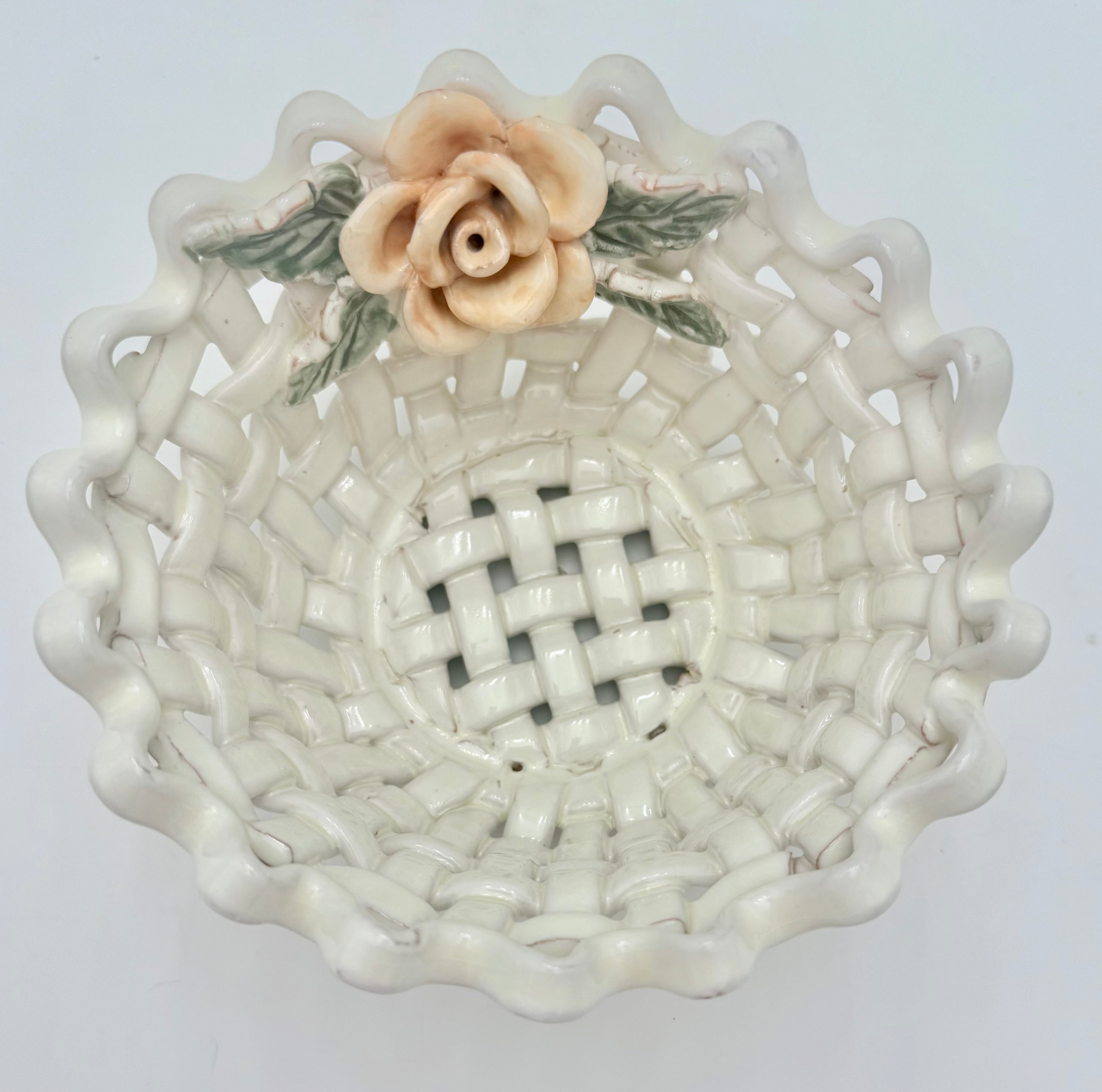 VINTAGE ITALIAN PORCELAIN SCALLOPED LATTICE BASKET BOWL WITH APPLIED ROSE | CAPODIMONTE STYLE | 1960s–1970s