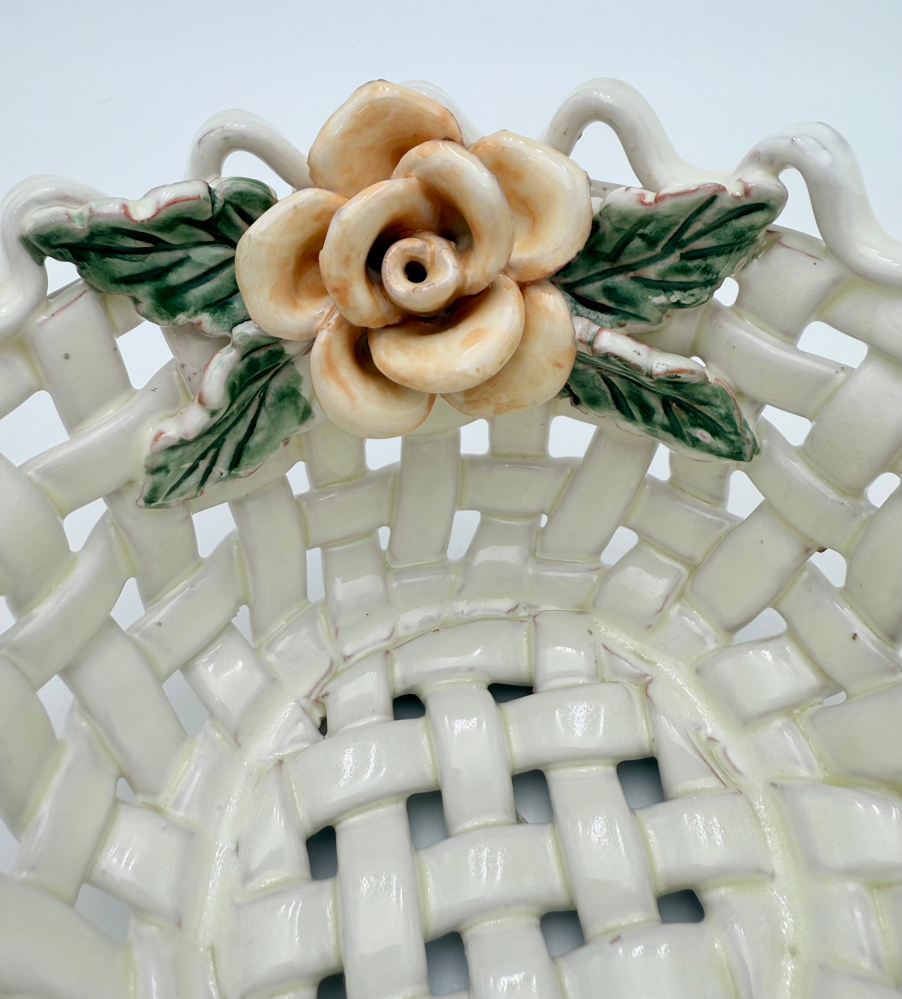 VINTAGE ITALIAN PORCELAIN SCALLOPED LATTICE BASKET BOWL WITH APPLIED ROSE | CAPODIMONTE STYLE | 1960s–1970s