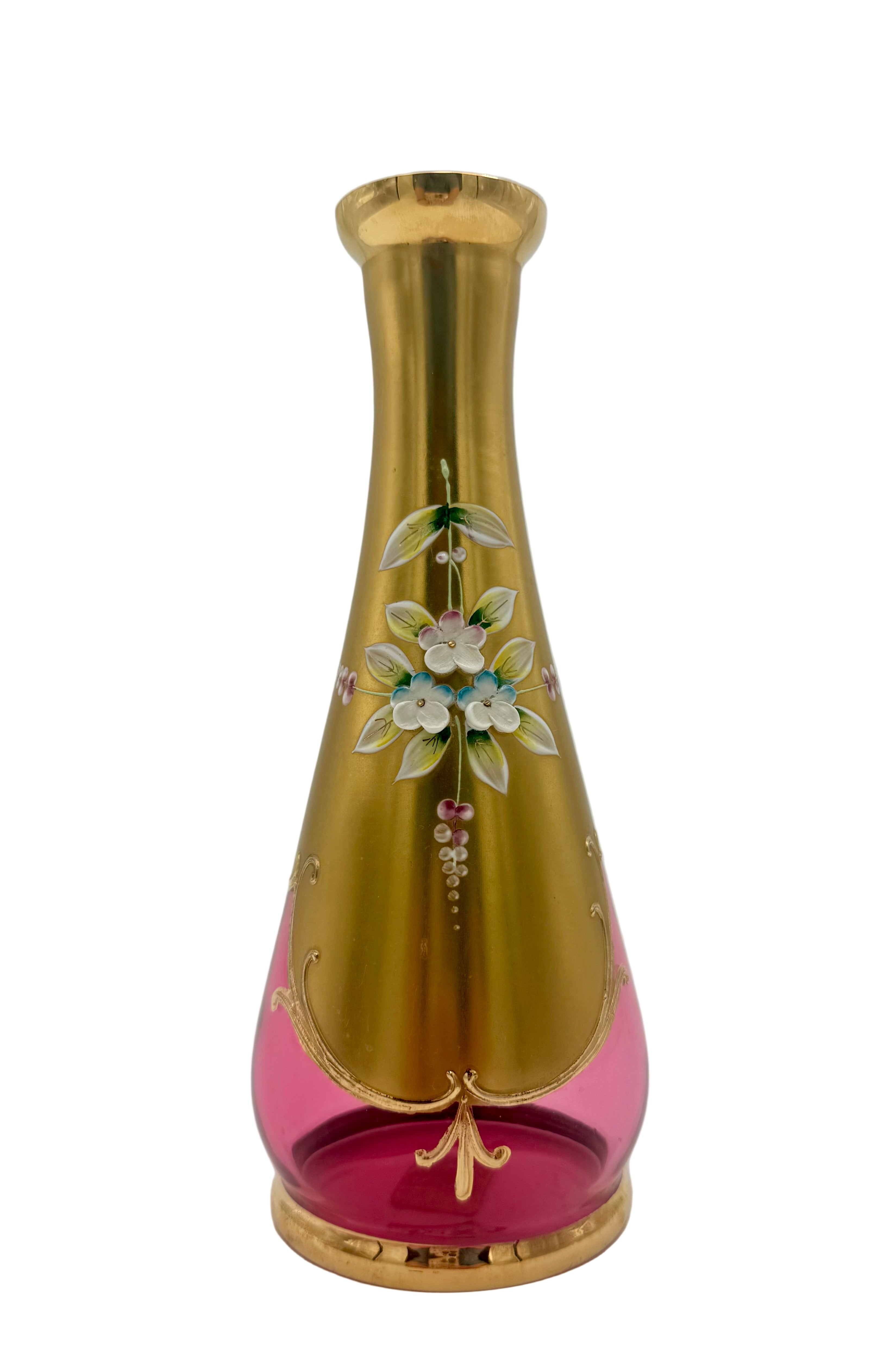 VINTAGE BOHEMIA CRYSTAL ENAMELED GOLD VASE – HAND PAINTED CZECH GLASS FLORAL DECOR – ELEGANT 8.5 INCH
