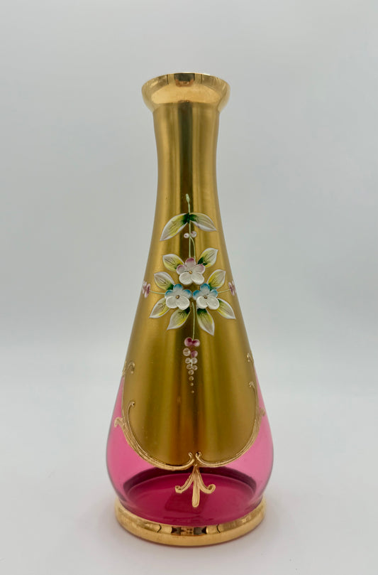 VINTAGE BOHEMIAN CRYSTAL CRANBERRY GLASS VASE WITH 24K GOLD