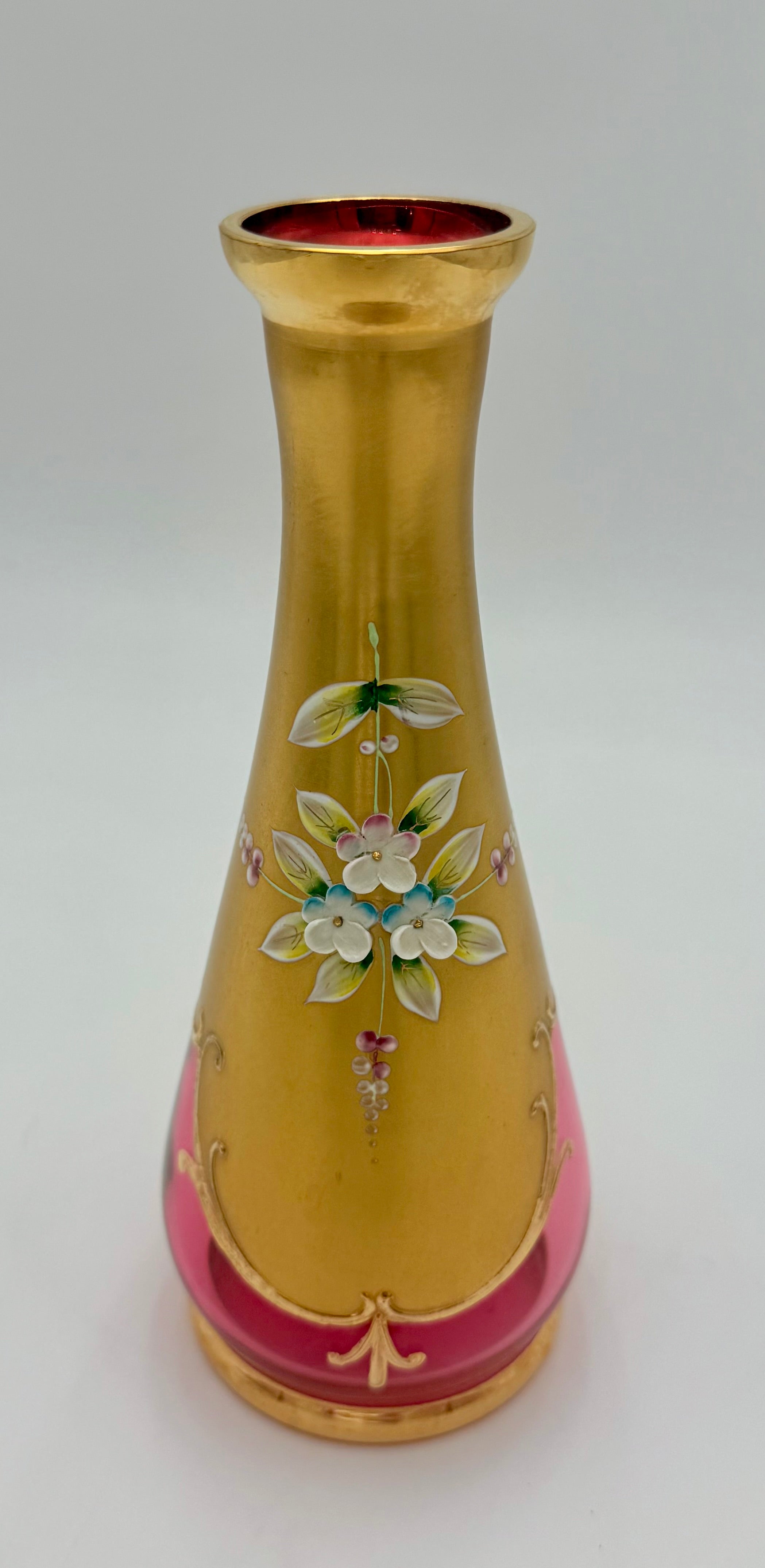 VINTAGE BOHEMIA CRYSTAL ENAMELED GOLD VASE – HAND PAINTED CZECH GLASS FLORAL DECOR – ELEGANT 8.5 INCH