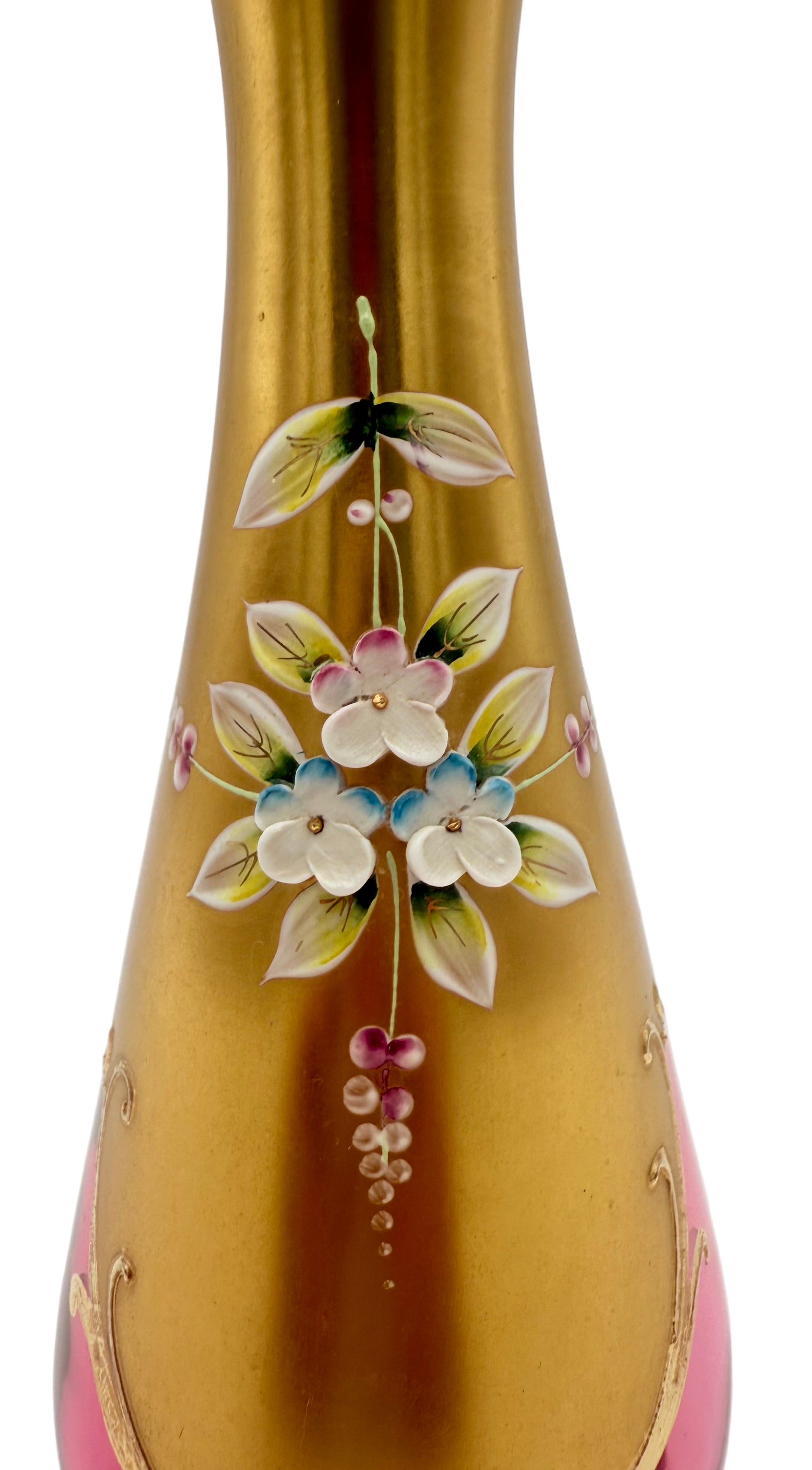 VINTAGE BOHEMIA CRYSTAL ENAMELED GOLD VASE – HAND PAINTED CZECH GLASS FLORAL DECOR – ELEGANT 8.5 INCH