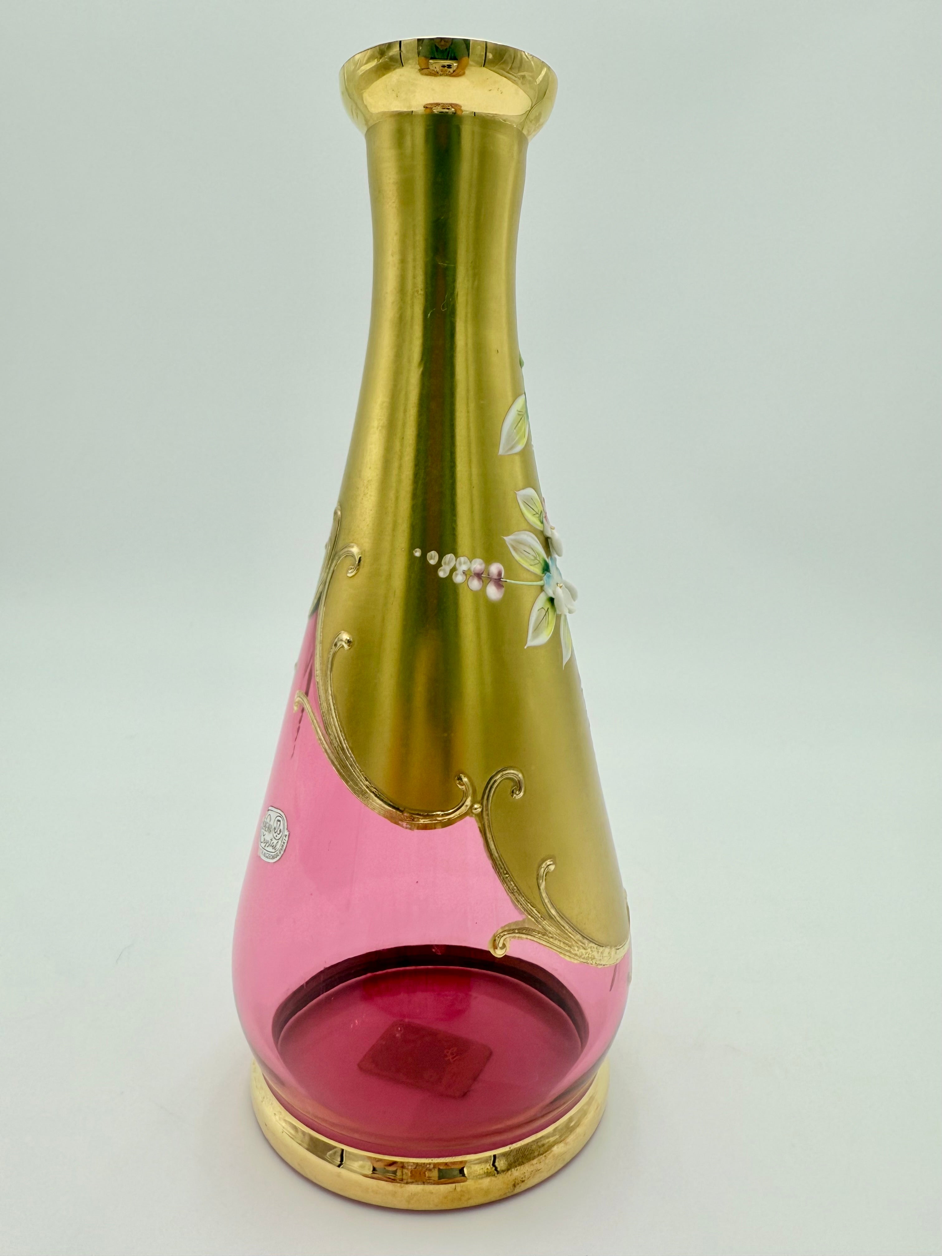 VINTAGE BOHEMIA CRYSTAL ENAMELED GOLD VASE – HAND PAINTED CZECH GLASS FLORAL DECOR – ELEGANT 8.5 INCH
