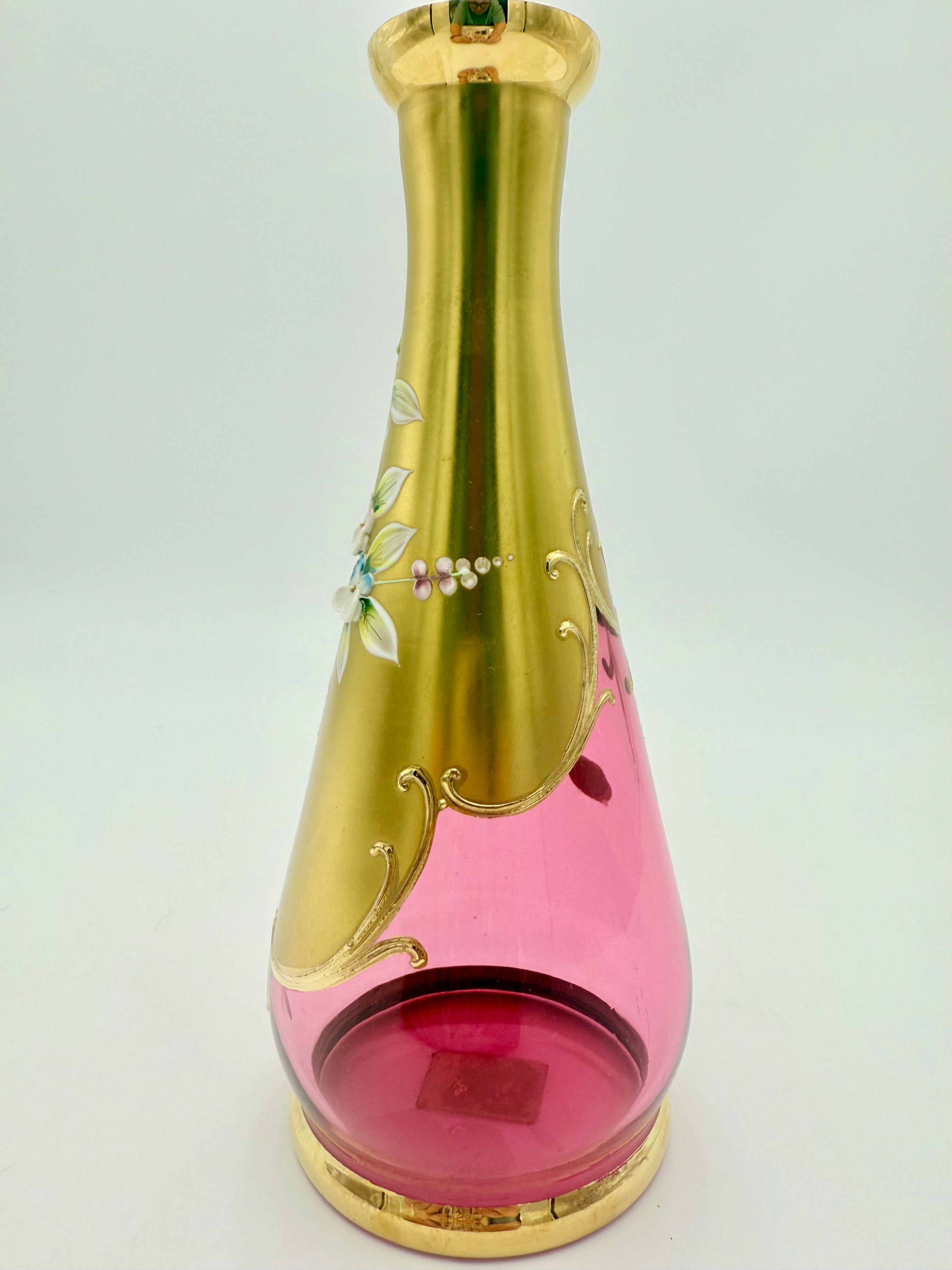 VINTAGE BOHEMIA CRYSTAL ENAMELED GOLD VASE – HAND PAINTED CZECH GLASS FLORAL DECOR – ELEGANT 8.5 INCH