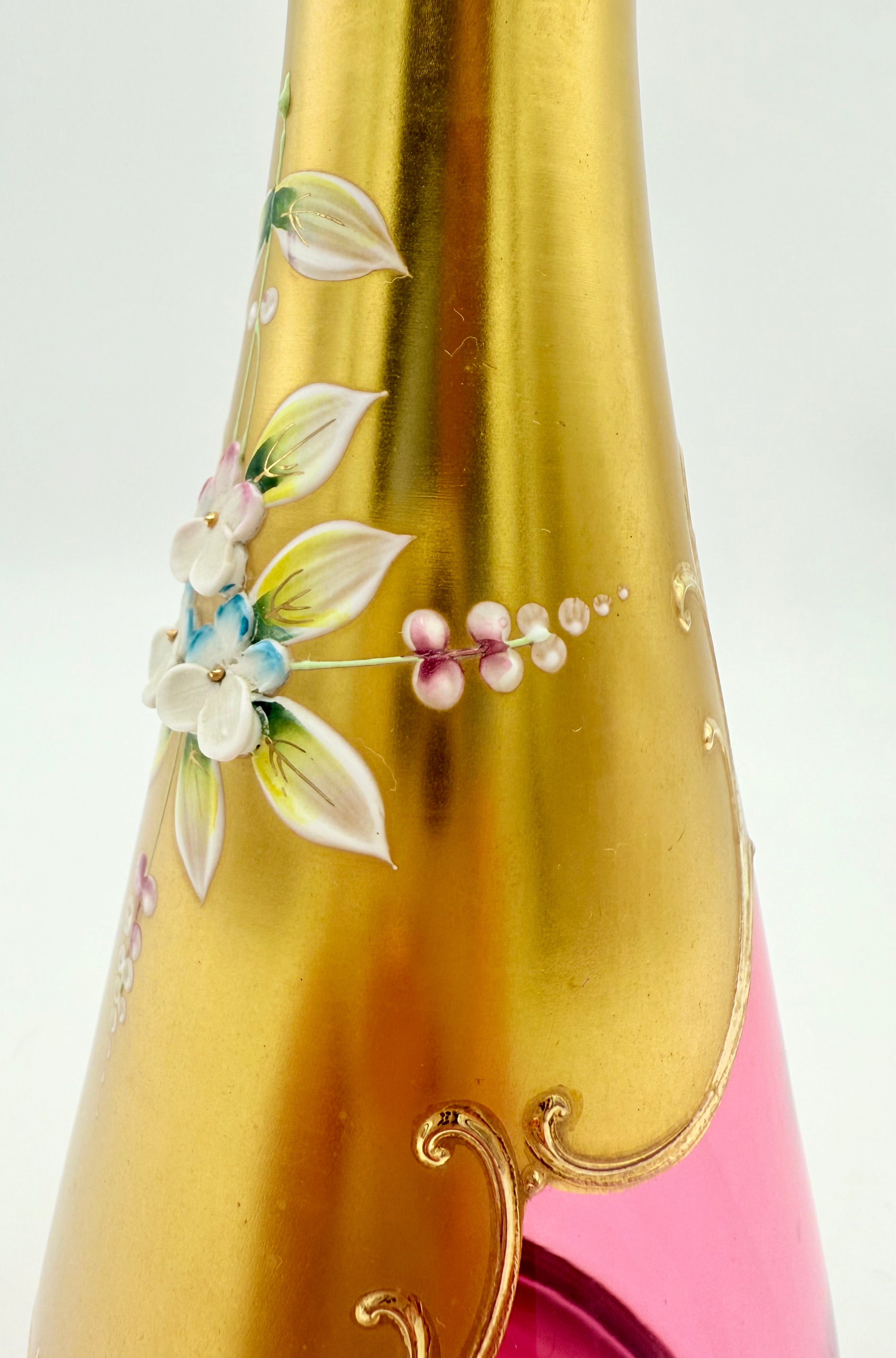 VINTAGE BOHEMIA CRYSTAL ENAMELED GOLD VASE – HAND PAINTED CZECH GLASS FLORAL DECOR – ELEGANT 8.5 INCH