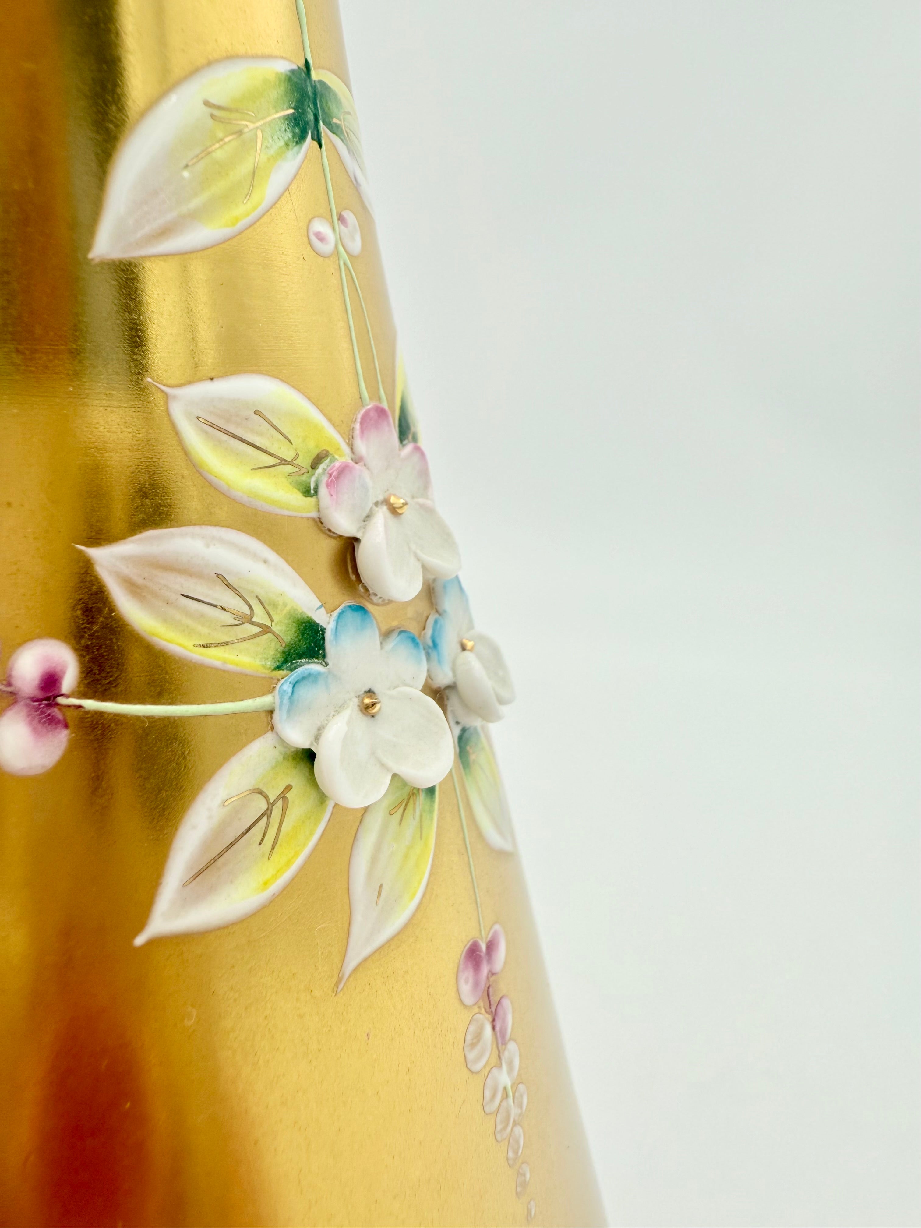 VINTAGE BOHEMIA CRYSTAL ENAMELED GOLD VASE – HAND PAINTED CZECH GLASS FLORAL DECOR – ELEGANT 8.5 INCH
