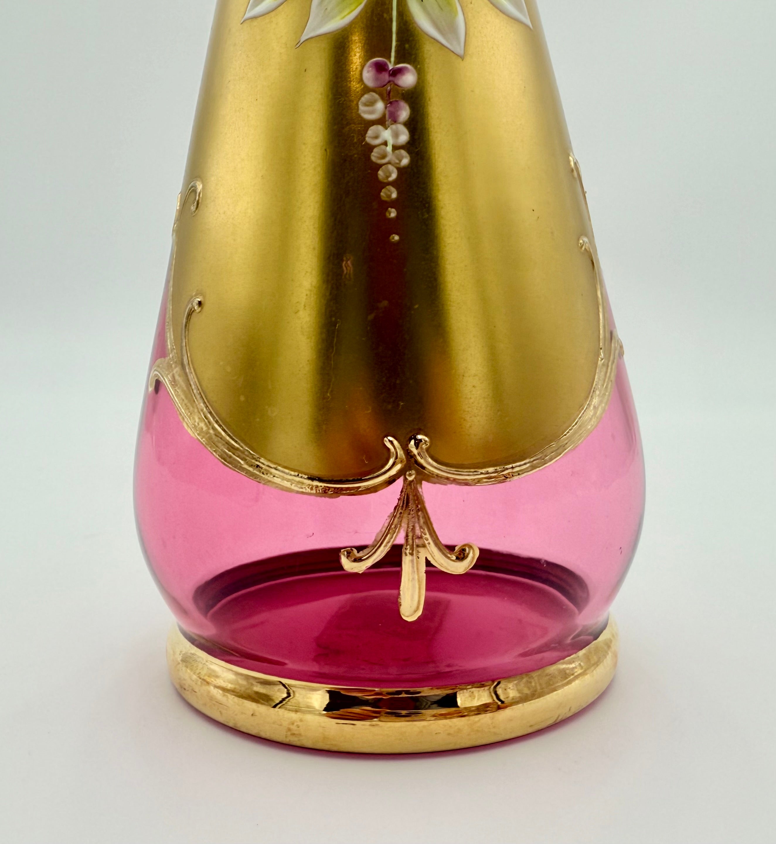 VINTAGE BOHEMIA CRYSTAL ENAMELED GOLD VASE – HAND PAINTED CZECH GLASS FLORAL DECOR – ELEGANT 8.5 INCH