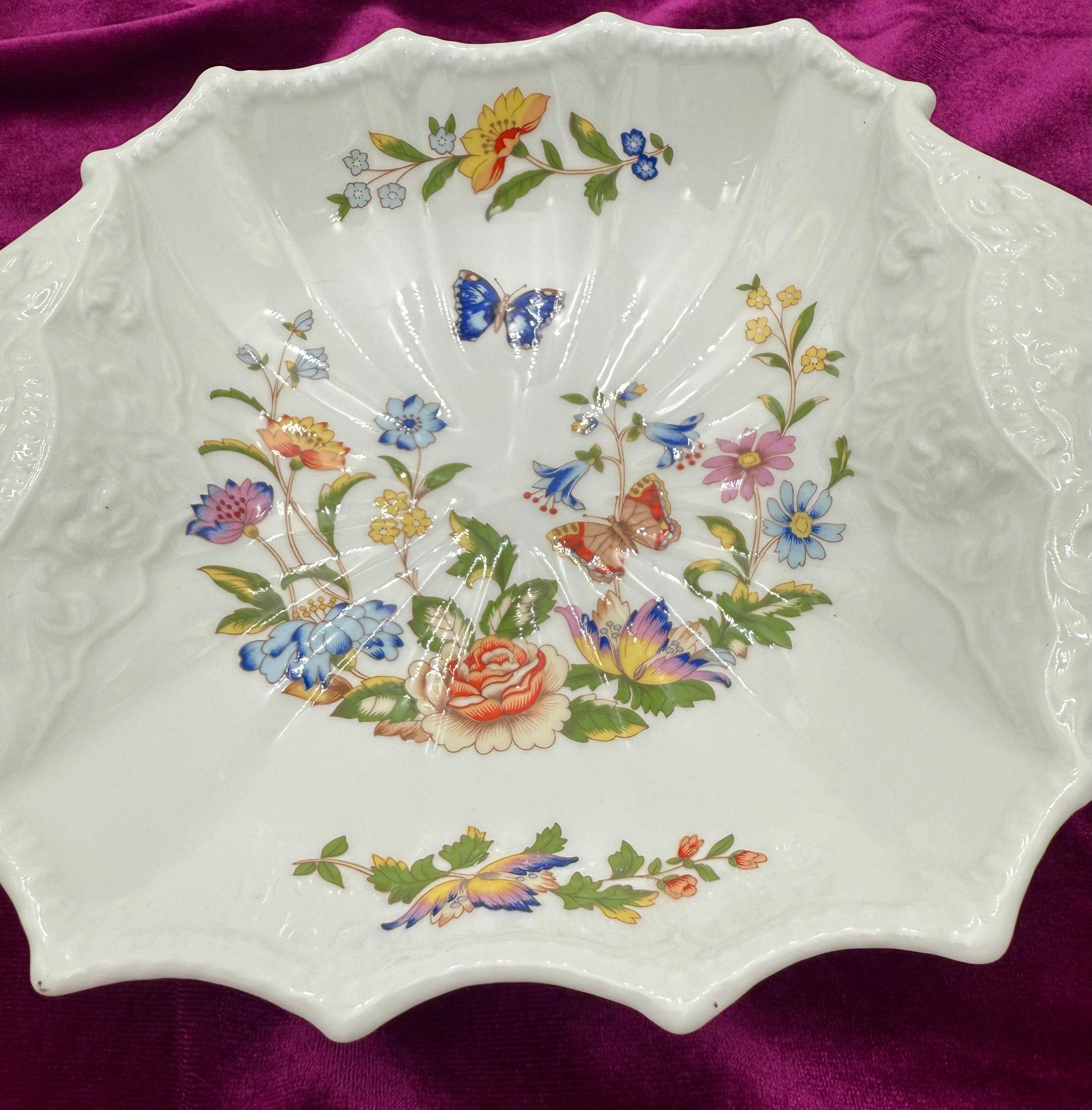 ANSLEY COTTAGE GARDEN SCALLOPED SHELL DISH VINTAGE ENGLISH BONE CHINA FLORAL BUTTERFLY DECORATIVE BOWL